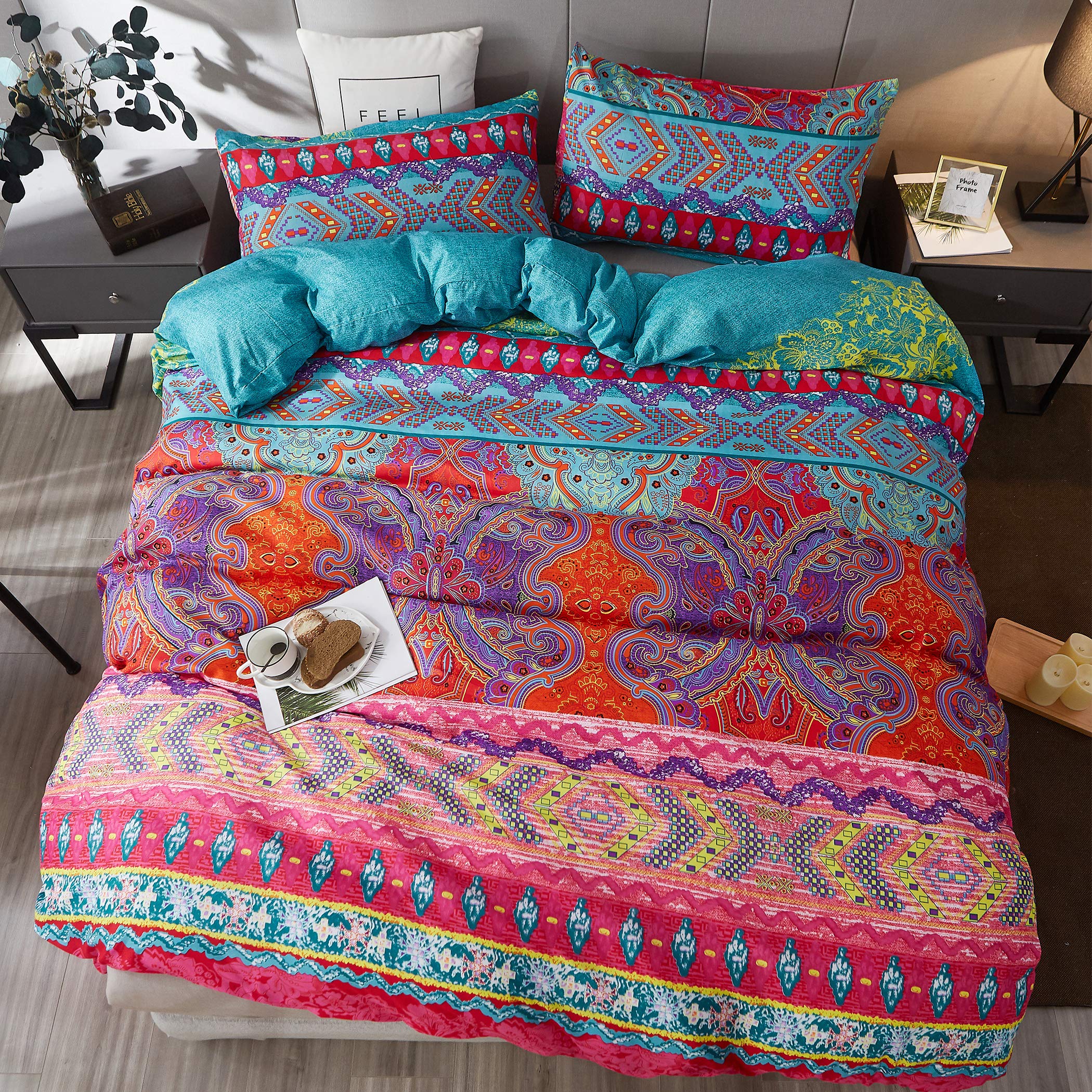 LAMEJOR Boho Style Duvet Cover Set King Size 3-Piece - Colorful Floral Pattern Luxury Soft Bedding Set Comforter Cover for Bohemian Bedroom Decor | Perfect for Master Bedroom, Guest Room & Airbnb Styling