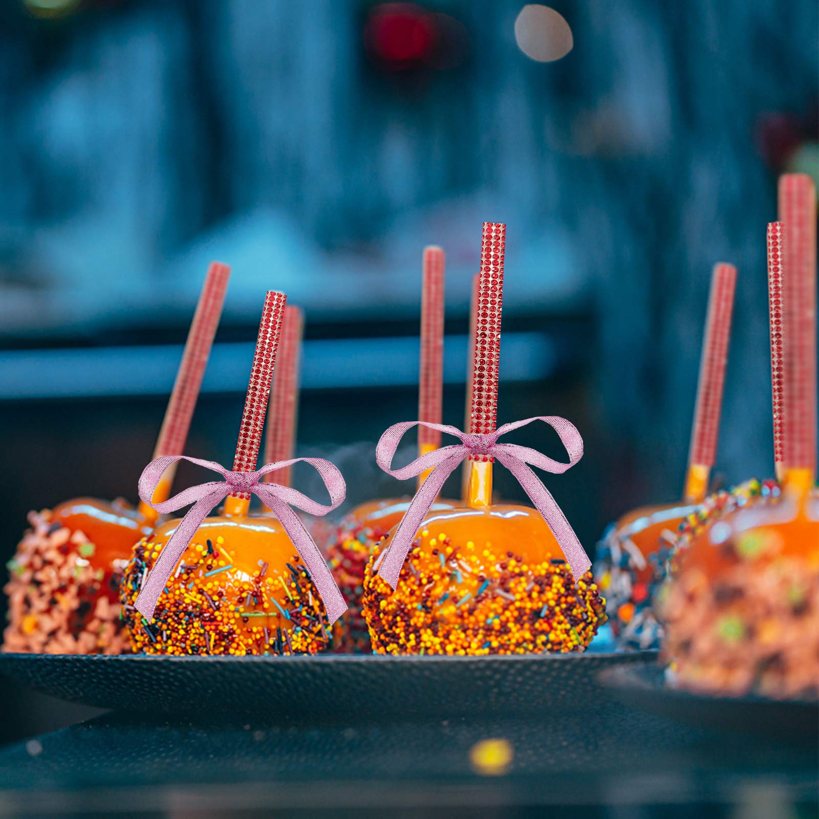 36-Piece Candy Apple Skewer Sticks Kit with Rhinestone Stickers, Glass Paper & Glitter Ribbon - DIY Candy Apple Making Supplies for Parties, Weddings & Halloween (Red)
