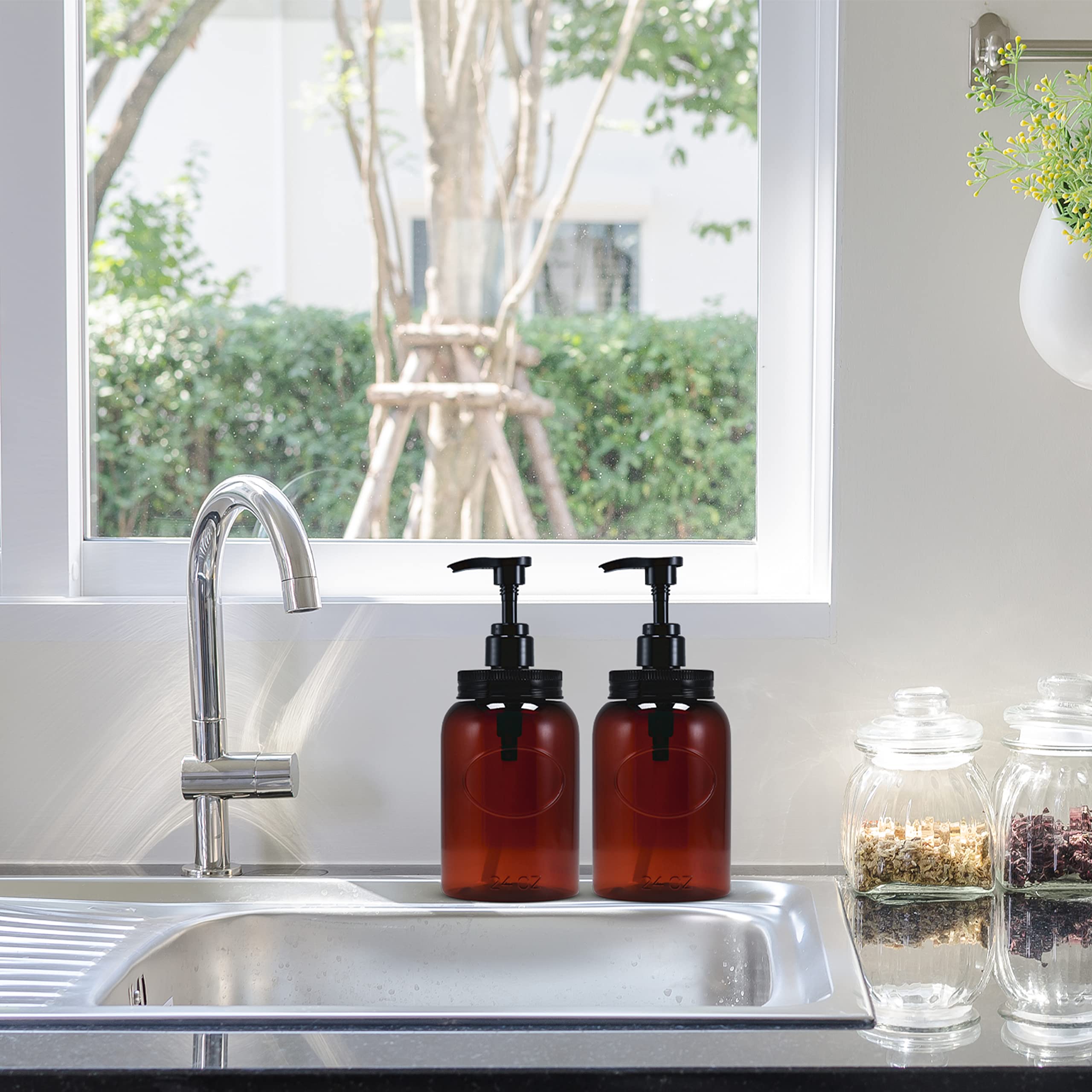 Bottiful Home - Set of 4 Amber 24oz Wide Mouth Plastic Refillable Pump Dispenser Bottles for Shampoo, Conditioner, Body Wash, Lotion & Dish Soap | Leak-Proof & Durable | Perfect for Bathroom, Kitchen & Laundry Organization