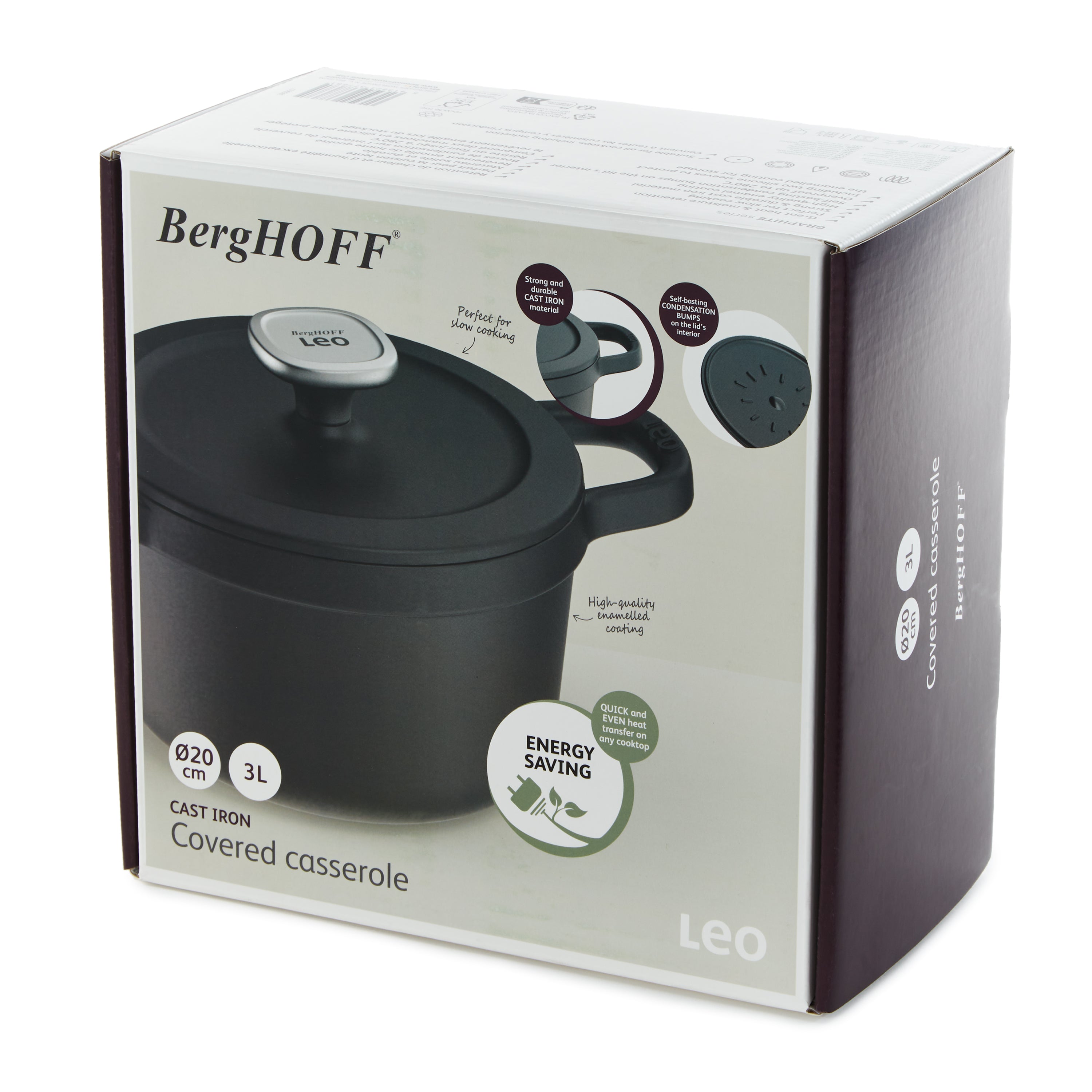 BergHOFF Leo Graphite 3.2 Quart Enameled Cast Iron Stockpot with Lid - 8 Inch Dutch Oven for Soups, Stews & Braising - Stovetop & Oven Safe Cookware for Home Chefs