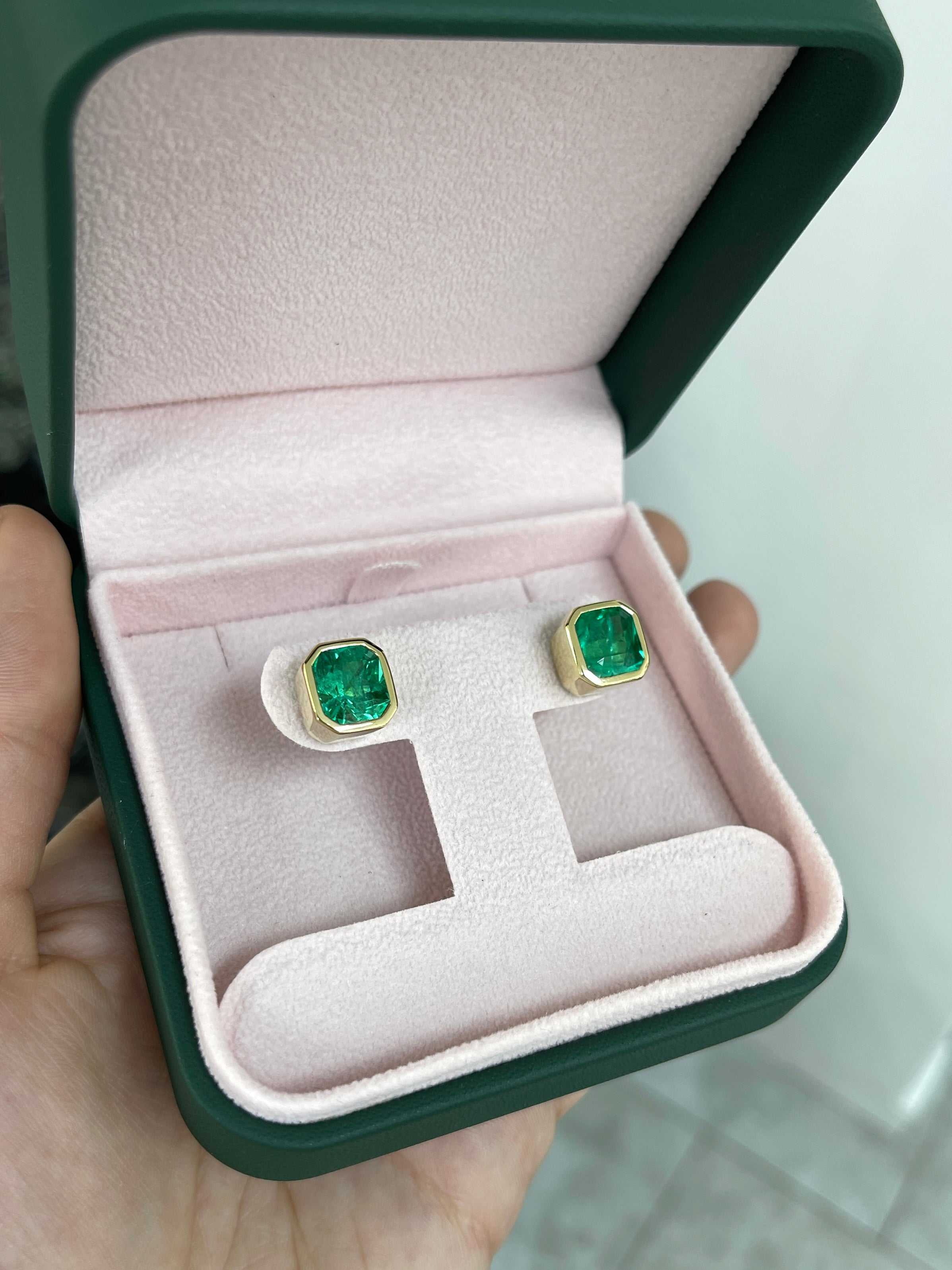 7.70tcw AAA+ Colombian Emerald Bezel Set Earrings - Angelina Jolie Style Luxury Jewelry for Women, Perfect for Weddings, Parties & Special Occasions