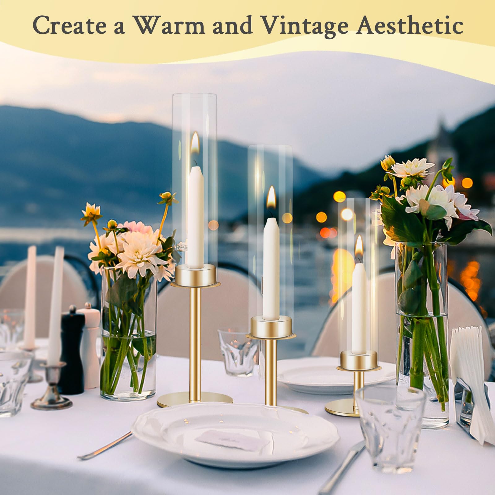 Elegant Gold Hurricane Candle Holders Set of 3 - Glass Taper Candle Sticks with Covers for Wedding Centerpieces, Christmas Decor, Romantic Dinners & Home Ambiance Lighting