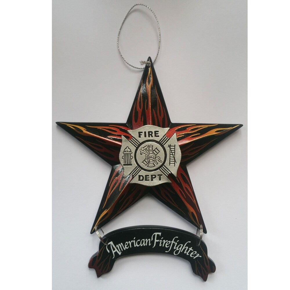 6-Pack American Firefighter Star Ornaments - Ready to Hang Christmas Tree Decorations for Fire Department Appreciation, First Responder Gifts & Holiday Home Decor by Trendy Décor 4U - Perfect for Fire Station, Office, Mantel & Christmas Tree Decorating