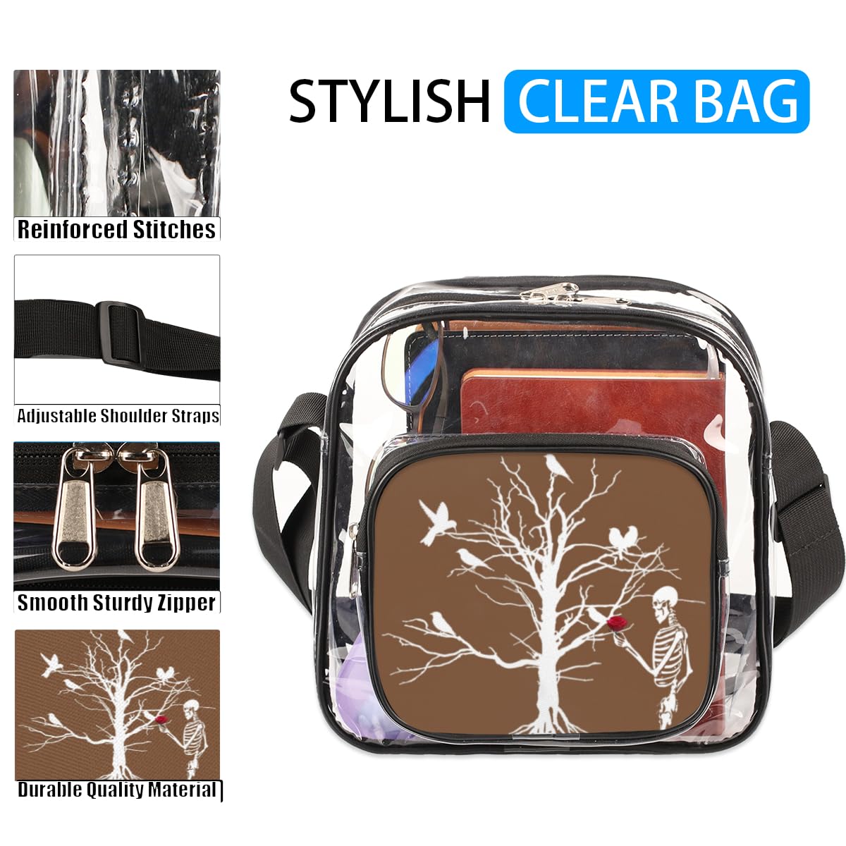 QsirBC Clear Crossbody Bag - Skull Day of The Dead Pattern PVC Purse, Transparent Messenger Shoulder Bag for Concerts, Sports Events, Work & Travel (Stadium Approved, 9.84 x 3.9 Inches) - Perfect for Music Festivals, Theme Parties and Halloween Costume Accessories