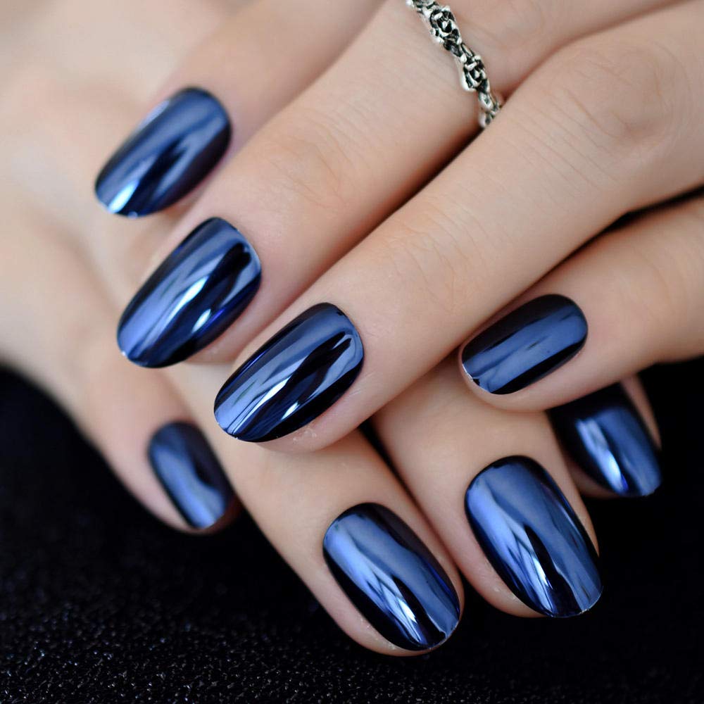 CSCH Dark Blue Shiny Acrylic False Nails - 24pcs Medium Oval Fake Nails with Strong Adhesive for Women | Perfect for Parties, Weddings & Special Occasions