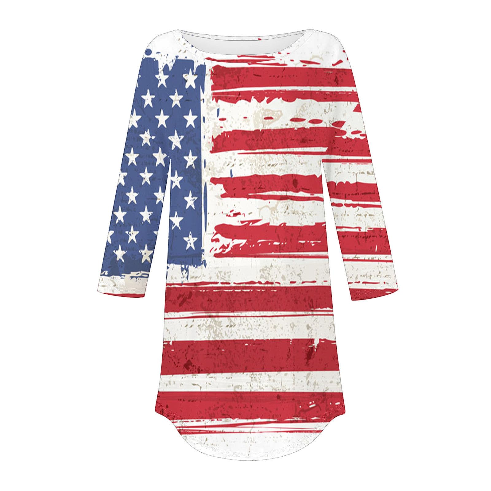 Women's 4th of July Patriotic Tops - 3/4 Sleeve American Flag Shirt in Red White & Blue | Casual Loose Fit Summer Blouse | Perfect for Independence Day Celebrations, BBQ Parties & Festive Outfits
