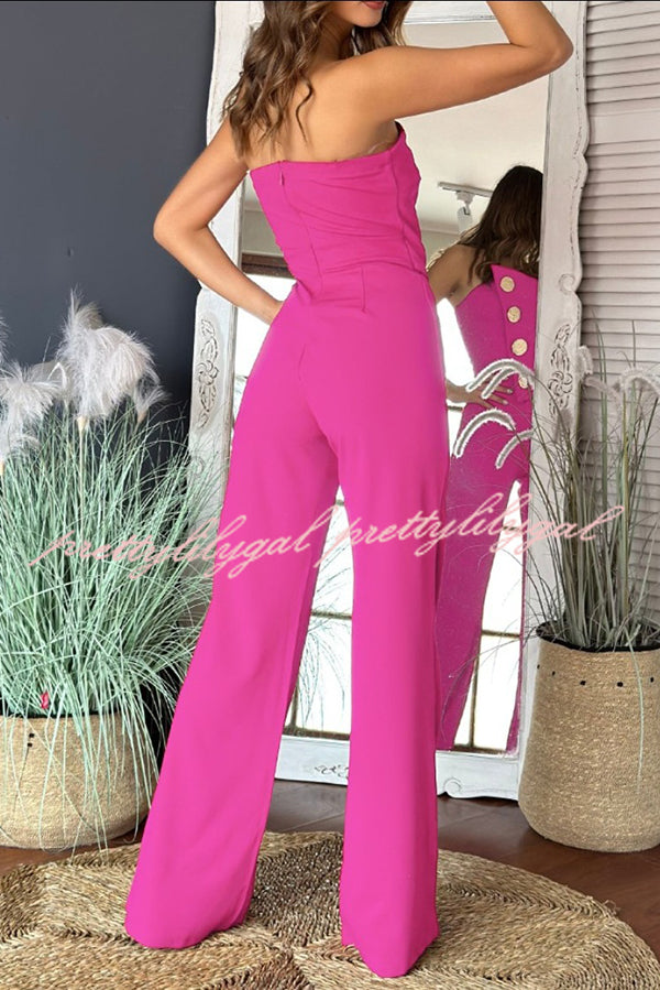 Solid Color Sexy Tube Top Gold Button Embellished Bootcut Jumpsuit for Women | Elegant One-Piece Romper with Metallic Accents | Perfect for Night Out, Party & Special Occasions