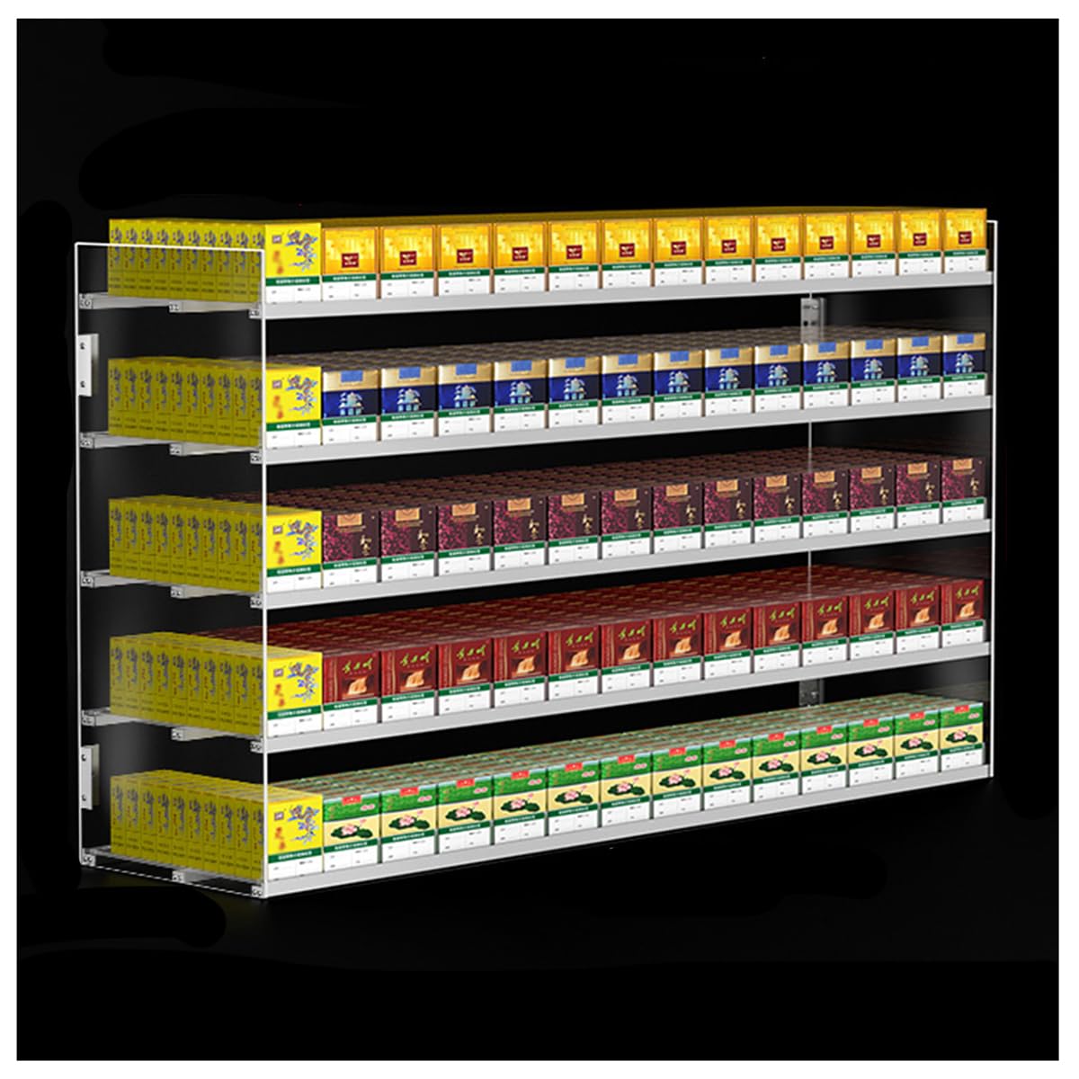 5-Tier Wall Mounted Clear Acrylic Cigarette Display Rack - 14 Column Auto-Pusher Shelf for Retail Stores & Smoke Shops | Convenient Cigarette Organization & Merchandising Solution