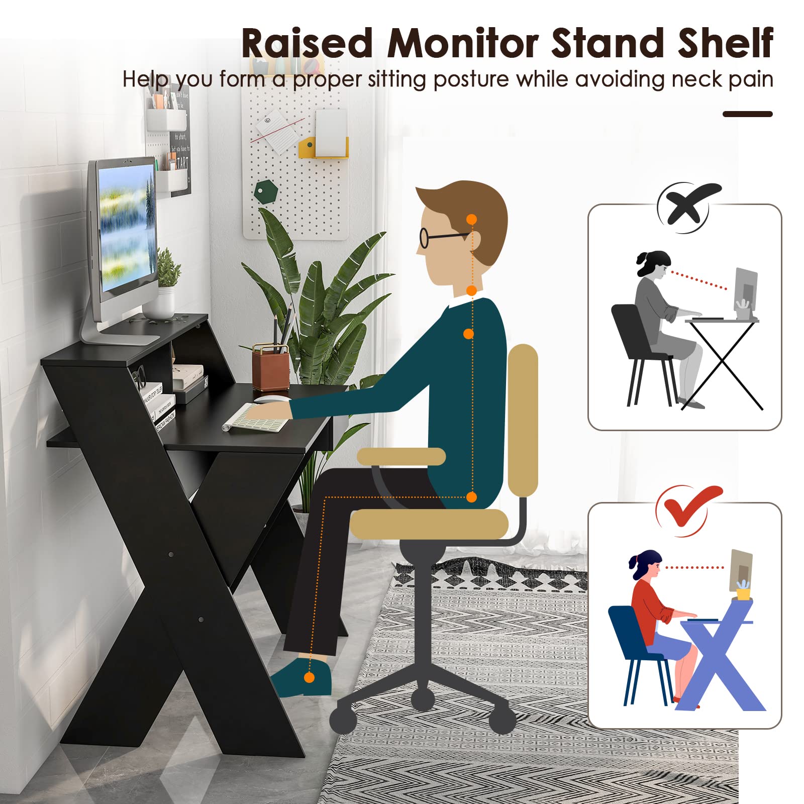 Tangkula 2-Tier Compact Computer Desk with Storage Drawer & Monitor Stand - Small Writing Desk with X-Shaped Legs & Footrest - Space Saving Study Table for Home Office, Dorm Room & Small Spaces (Black) - Perfect for Remote Work, Online Learning & Gaming Setup