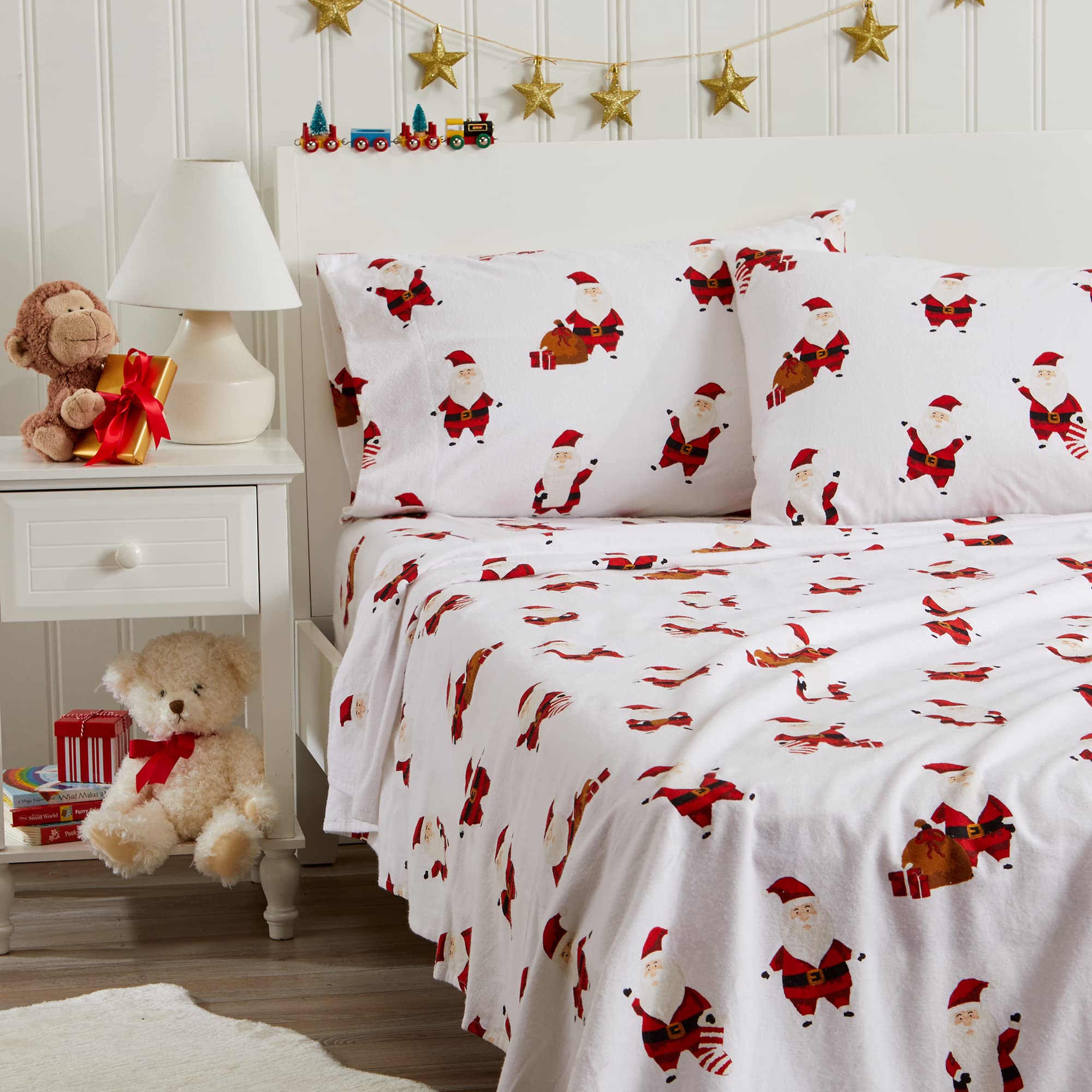 Great Bay Home 100% Turkish Cotton Full Kids Christmas Flannel Sheet Set - Deep Pocket Fitted Holiday Bed Sheets | Warm & Cozy Pre-Shrunk Anti-Pill Flannel | Jolly Santa Design | Perfect for Winter Nights & Christmas Decorations