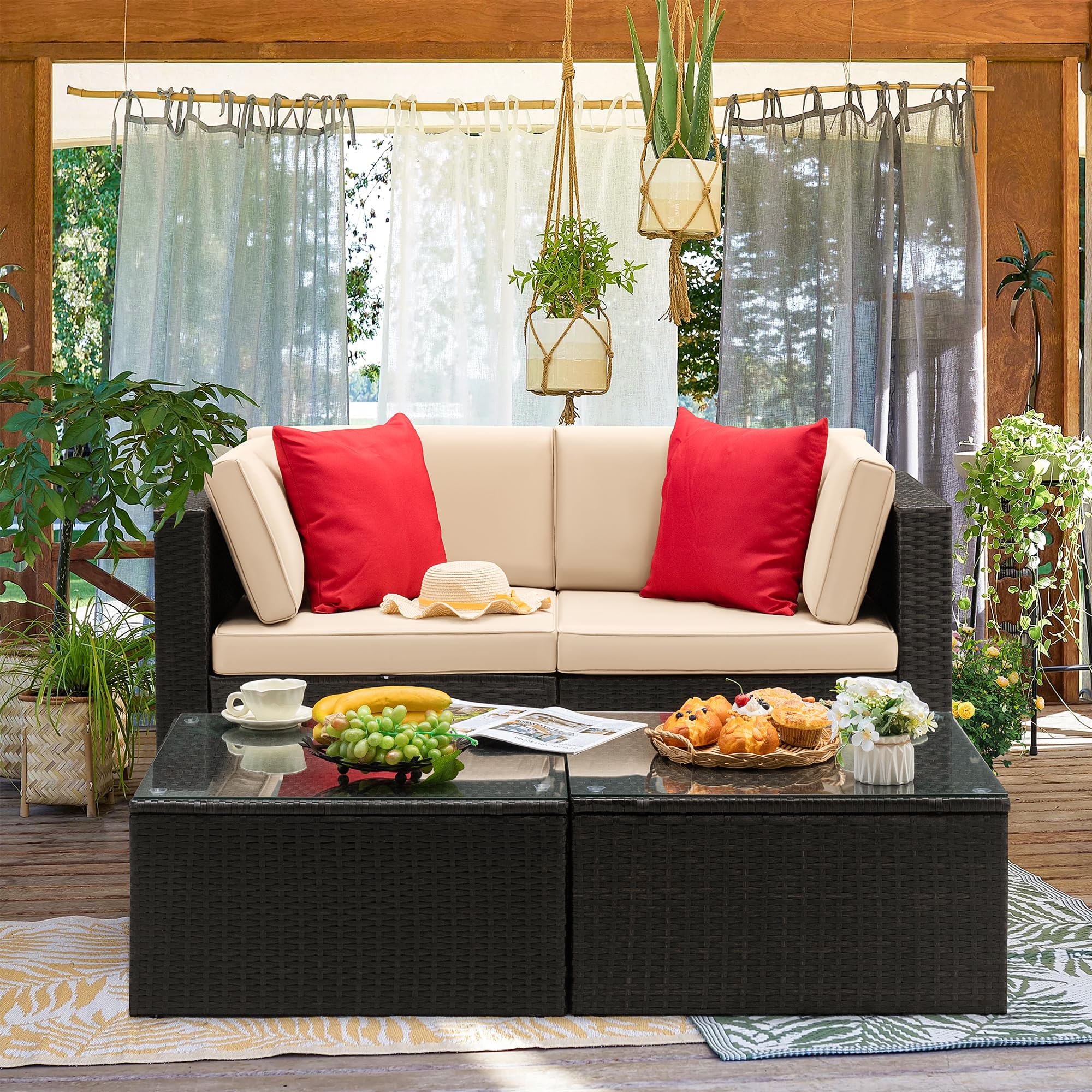 Devoko 4-Piece Outdoor Patio Furniture Set - PE Wicker Rattan Sectional Sofa with Weather-Resistant Cushions for Balcony, Backyard, Garden (Beige) | Perfect for Lounging, Entertaining Guests & Relaxing in Your Outdoor Space