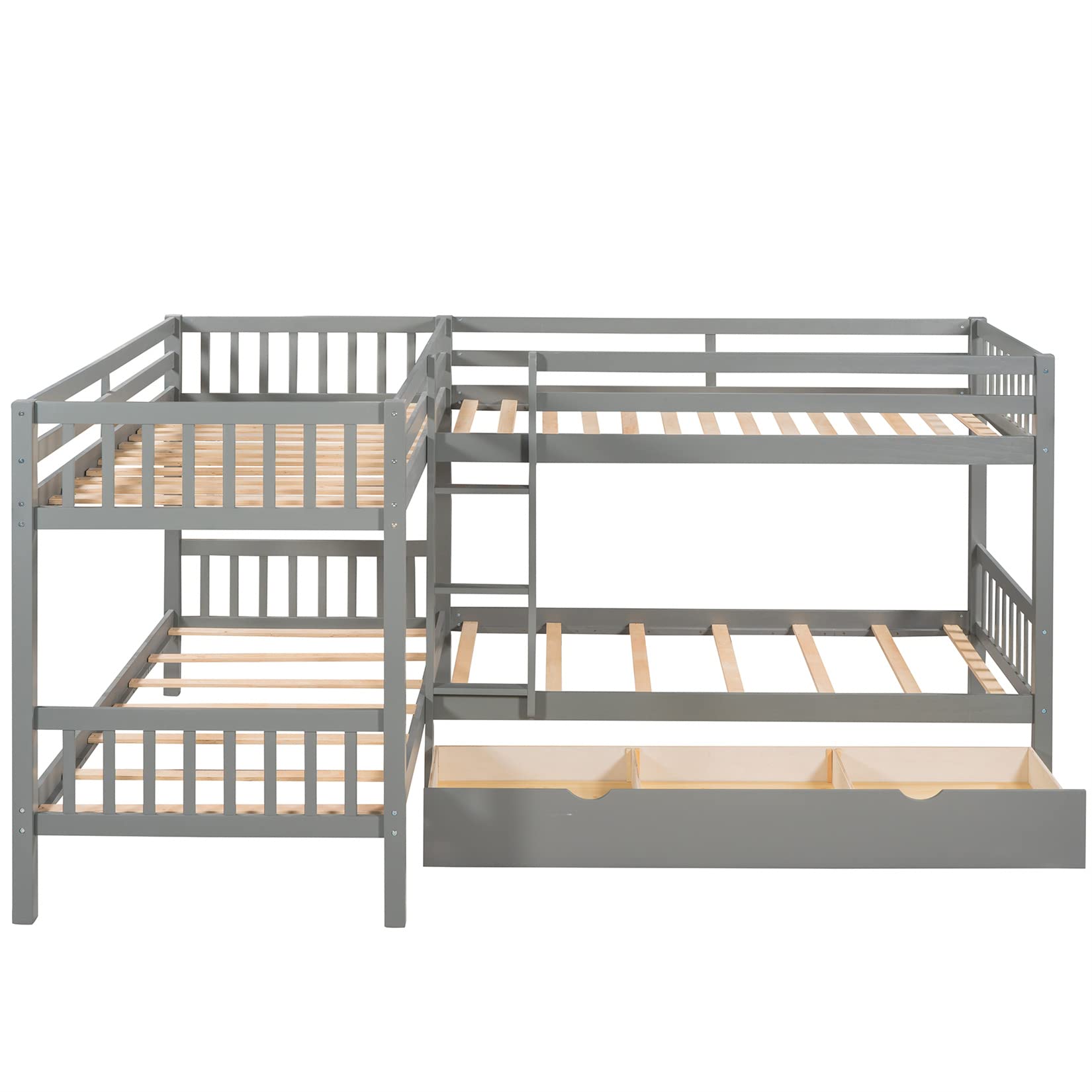 L-Shaped Bunk Bed with Storage Drawers - Twin Over Twin Quad Bunk Bed for Kids, Teens, Boys & Girls - Sturdy Wooden Frame in Gray - Perfect for Small Bedrooms, Shared Kids Rooms & Vacation Homes