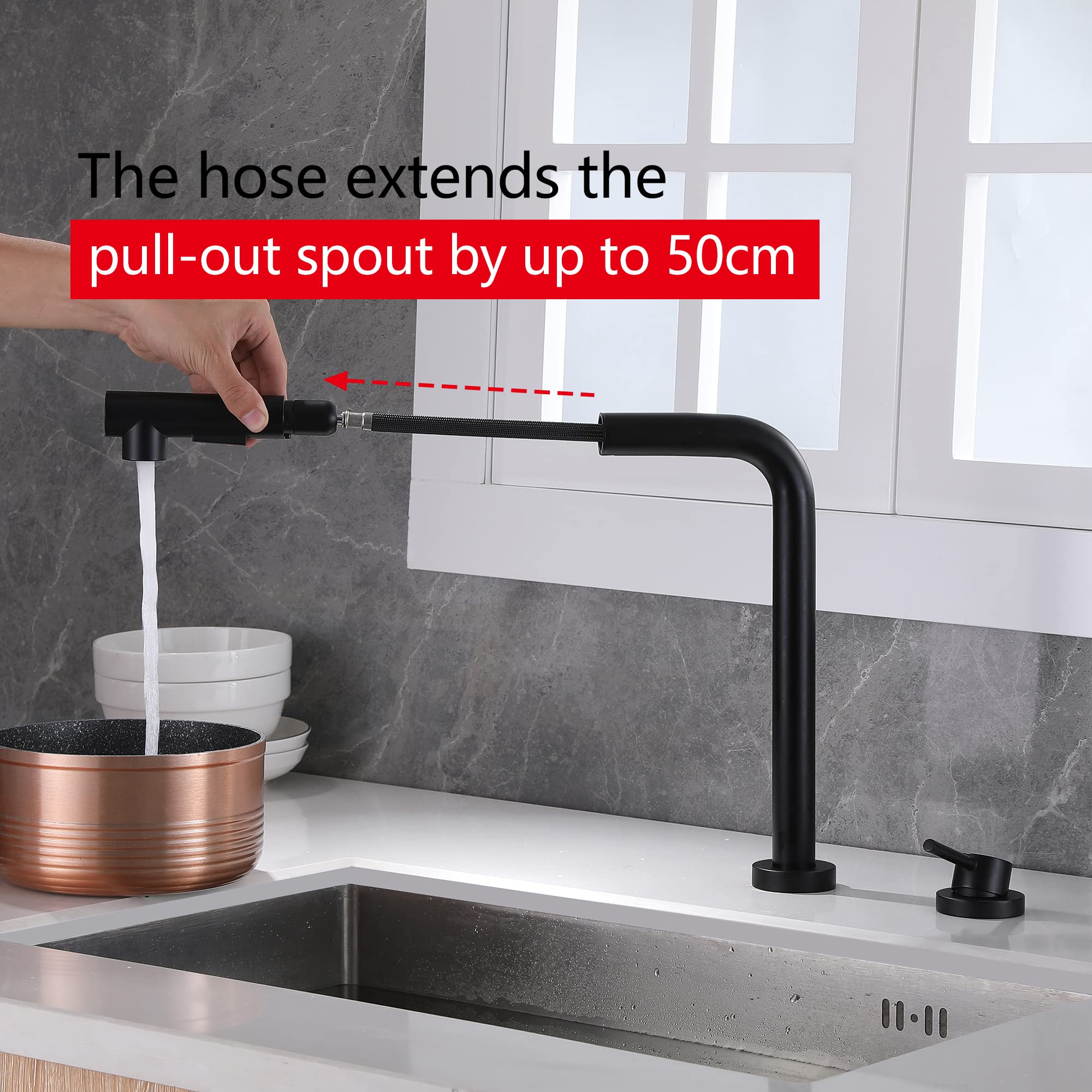 Sumerain Black 2-Hole Kitchen Sink Faucet with Pull-Out Sprayer and Single Handle - Modern Side Spray Design for Easy Dishwashing and Food Prep