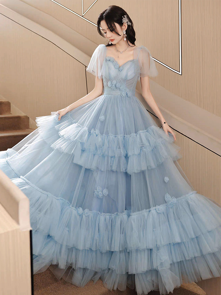 Elegant A-Line Tulle Blue Long Prom Dress for Women - Formal Evening Gown with Flowy Skirt - Perfect for Homecoming, Prom Night, and Special Occasions
