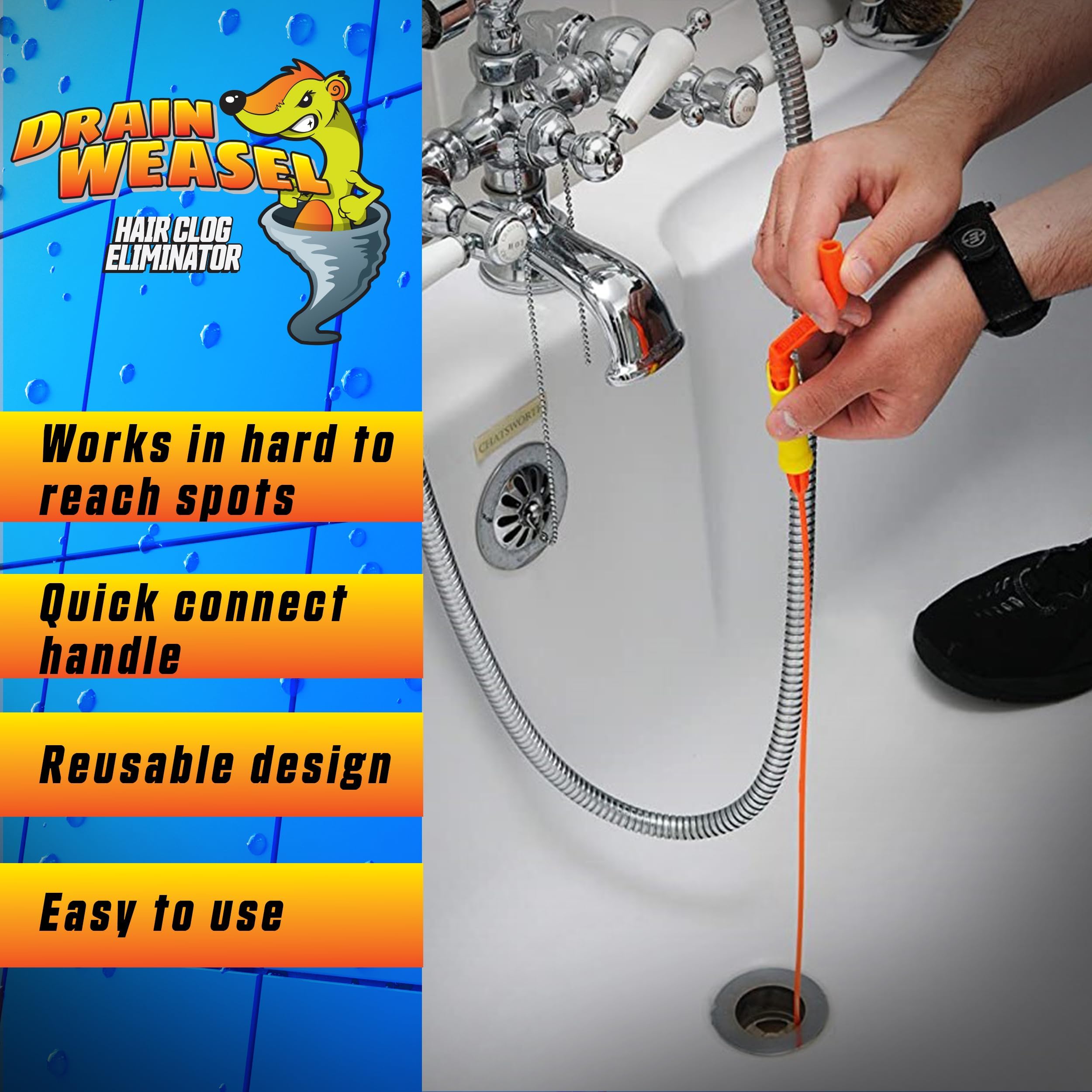 FlexiSnake Drain Weasel Sink Snake - 18-Inch Hair Clog Remover Tool for Pipe, Bathroom & Bathtub Cleaning - Made in USA with 5 Wands & Removable Handle - Perfect for Kitchen Sink, Shower Drain and Bathroom Maintenance