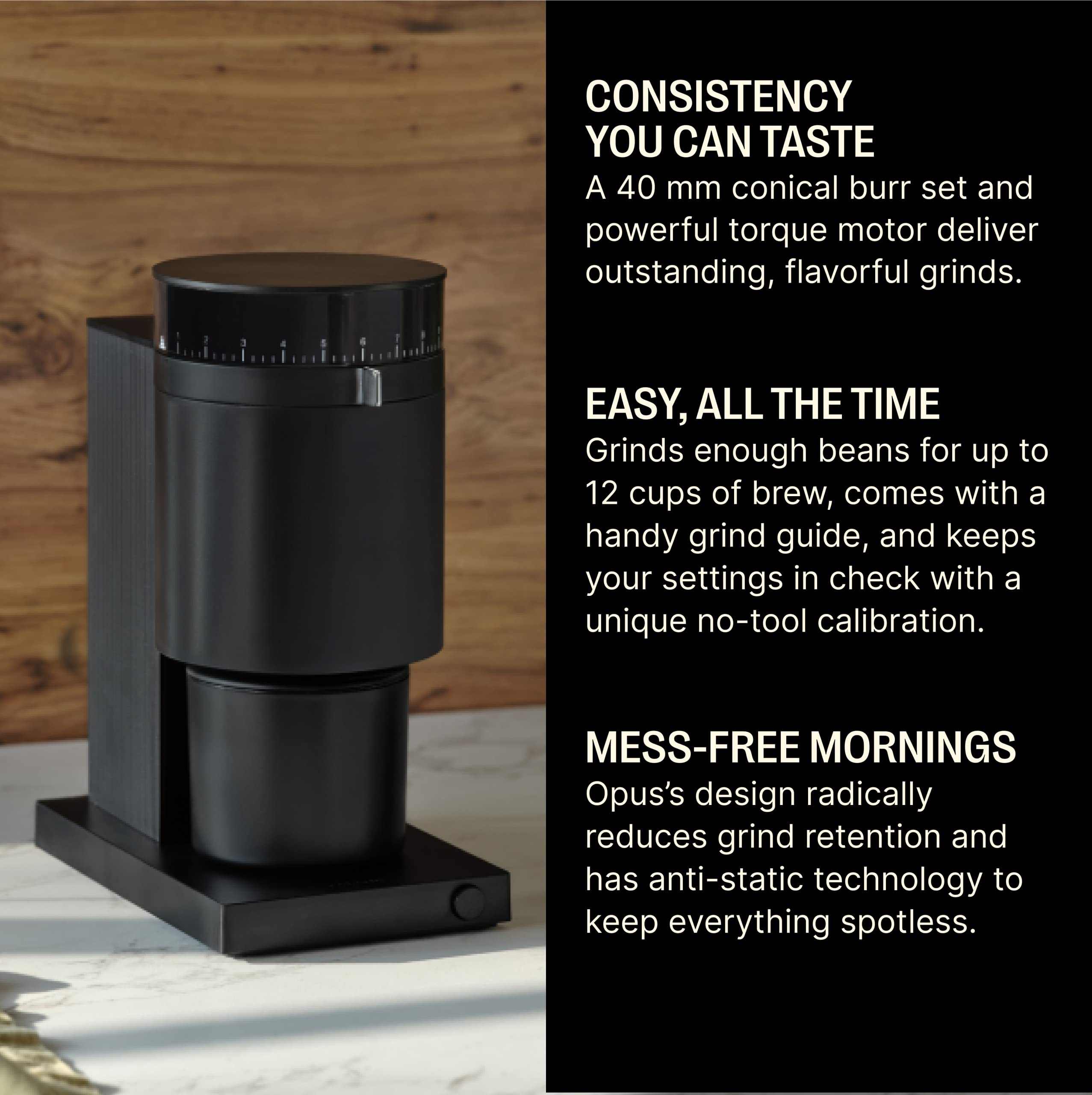 Fellow Opus Conical Burr Coffee Grinder Electric - 41 Precise Grind Settings for Espresso, Drip Coffee, French Press & Cold Brew - Professional Home & Office Coffee Maker Accessory - Matte Black Finish