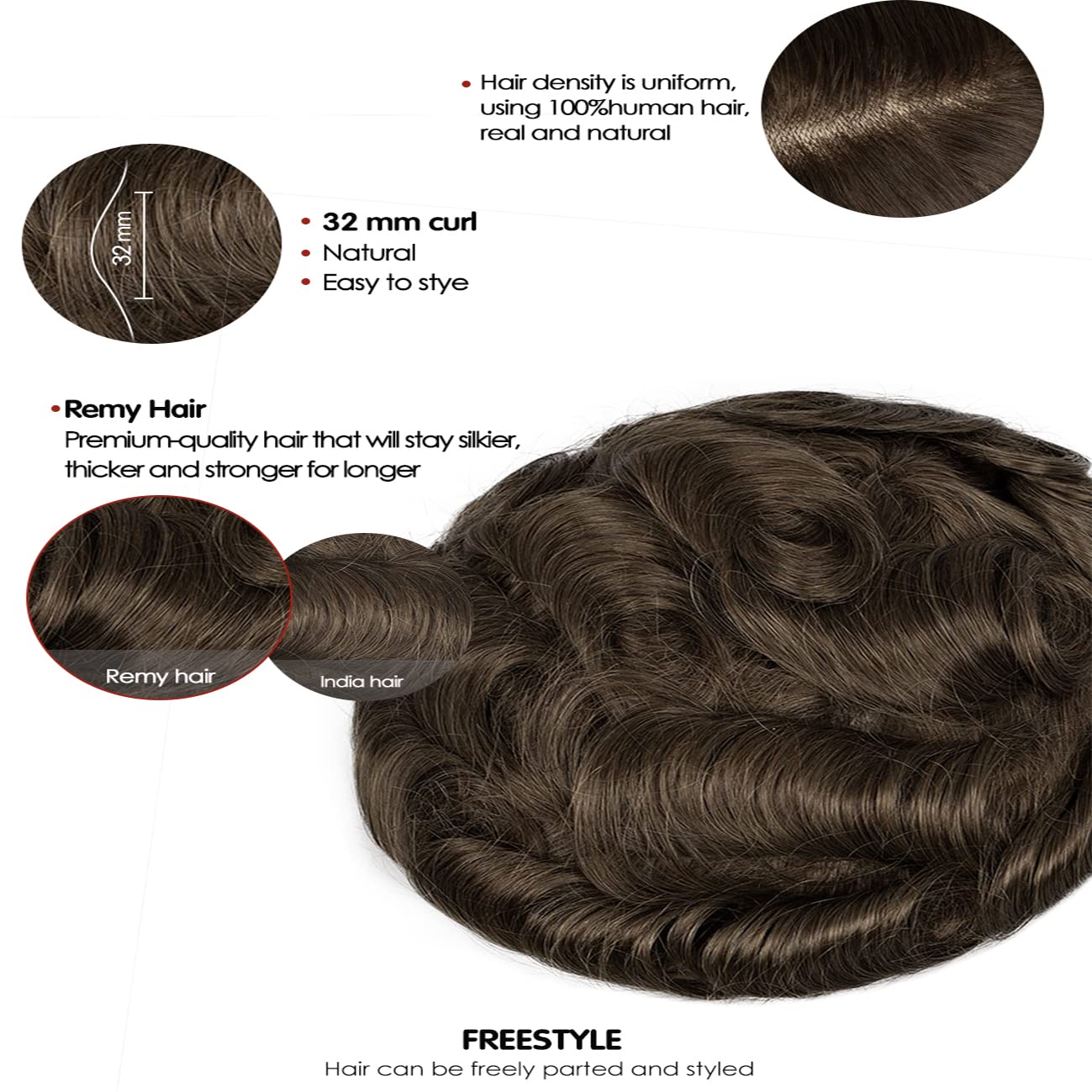 Ultra Thin 0.03mm V Loop Skin Men's Hair Toupee - European Virgin Human Hair Replacement System (Color #4 Light Brown) | Natural Looking Hairpiece for Daily Wear & Special Occasions