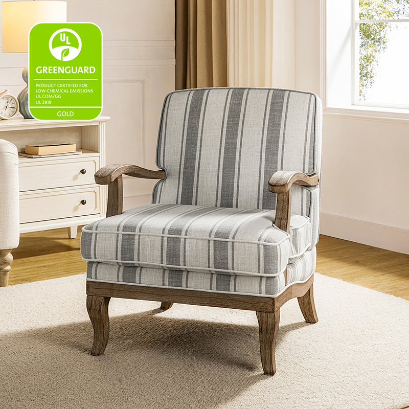 Randolph Romantic Upholstered Stripes Armchair with Solid Wood Armrests - Comfortable Living Room Accent Chair for Home Decor & Relaxation