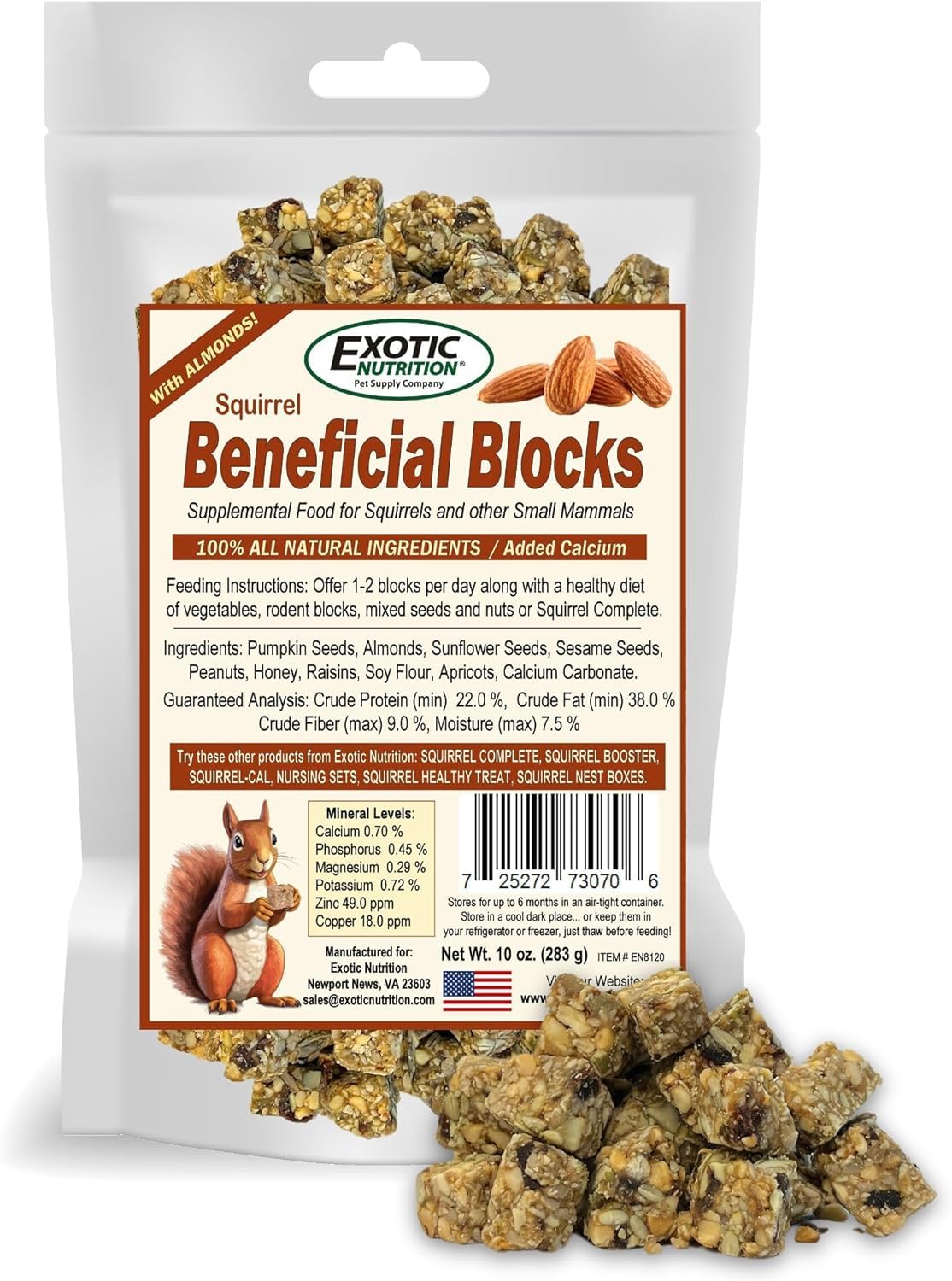 Exotic Nutrition Beneficial Blocks (20 oz) - Healthy Squirrel Food with Nuts & Seeds - Premium Supplemental Diet for Wild & Pet Squirrels - Perfect for Backyard Feeding & Wildlife Nutrition