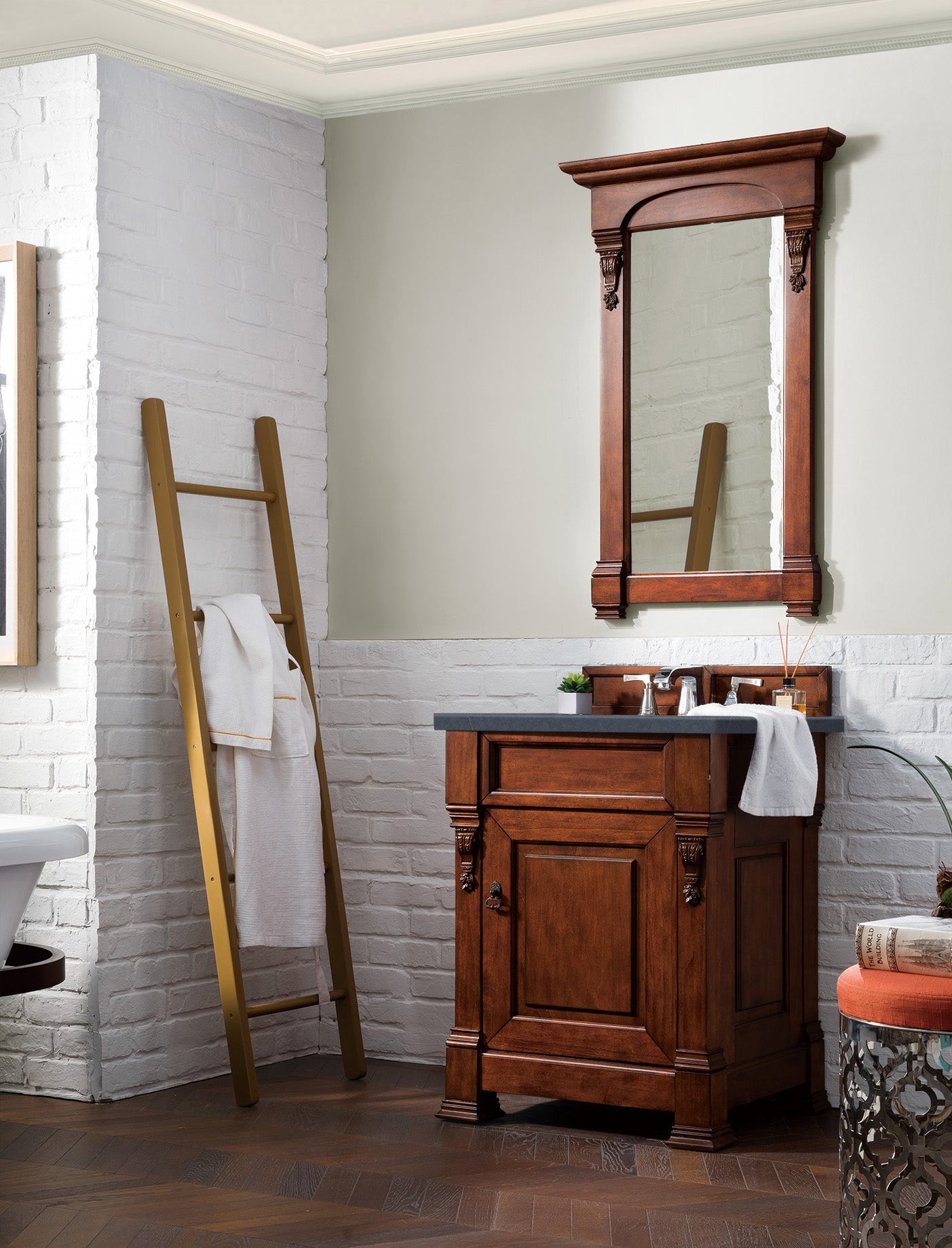 Brookfield 26 Inch Single Bathroom Vanity with Warm Cherry Finish & 3CM Charcoal Soapstone Quartz Countertop - Perfect for Modern Master Bath or Guest Bathroom Renovation