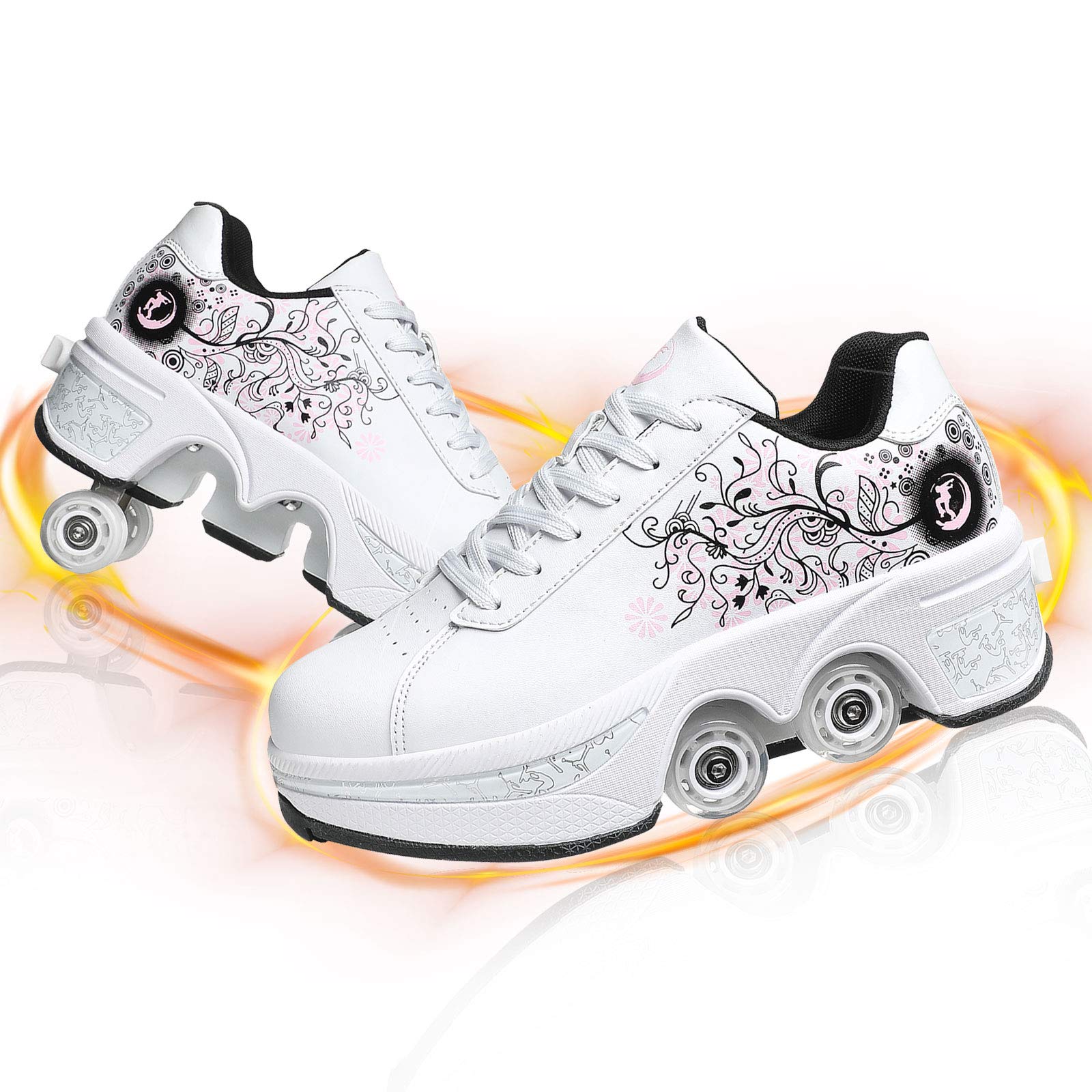 2 in 1 Double-Row Deformable Wheel Parkour Shoes - 4-Wheel Running Shoes with Removable Roller Skates | Automatic Walking & Skating Shoes for Outdoor Sports, Fitness Training & Urban Commuting
