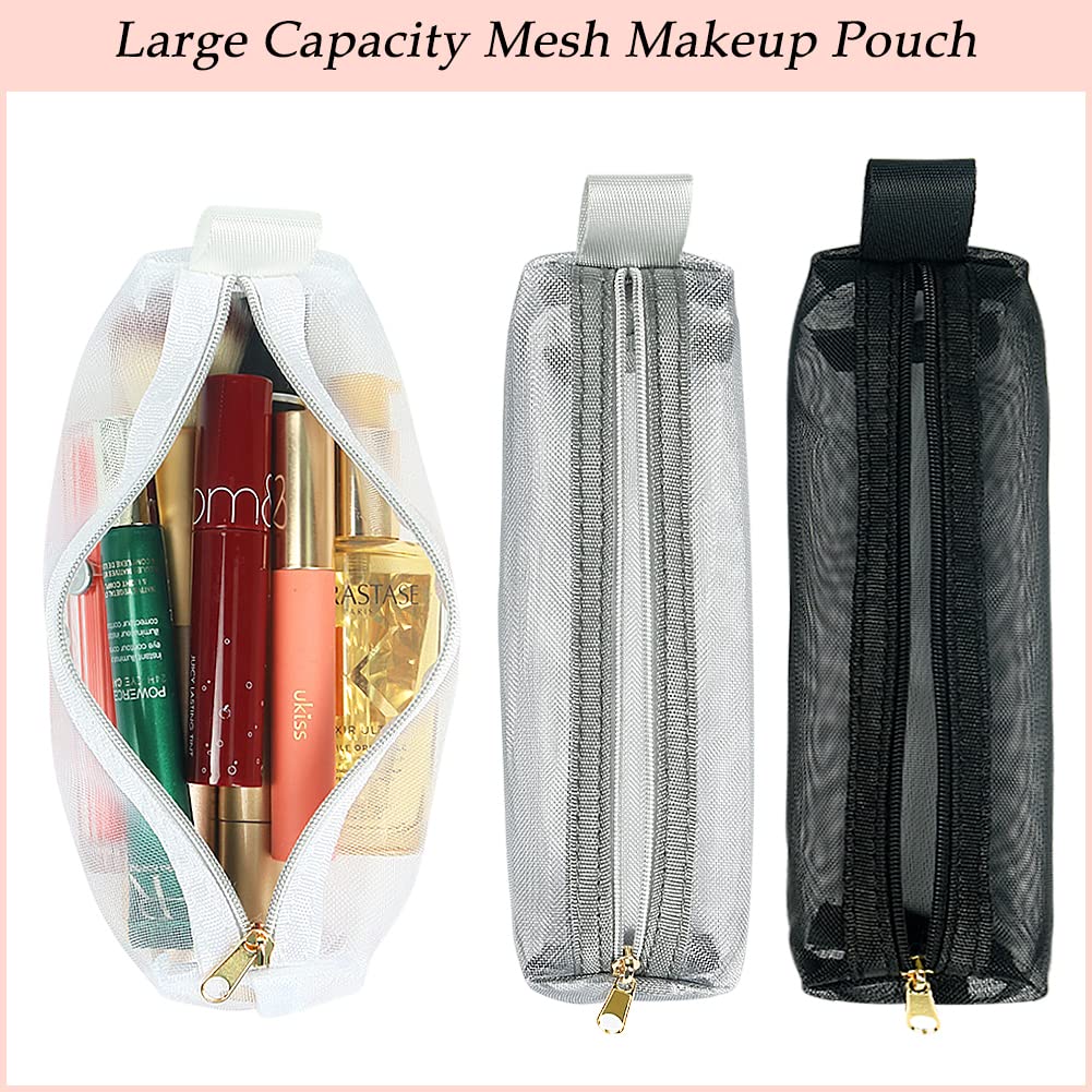 Mesh Makeup Brush Bag Set - 3Pcs Portable Travel Cosmetic Pouches for Makeup Brushes, Small Items & Purse Organization | Waterproof Pencil Pouch for On-the-Go Beauty, School & Office Essentials