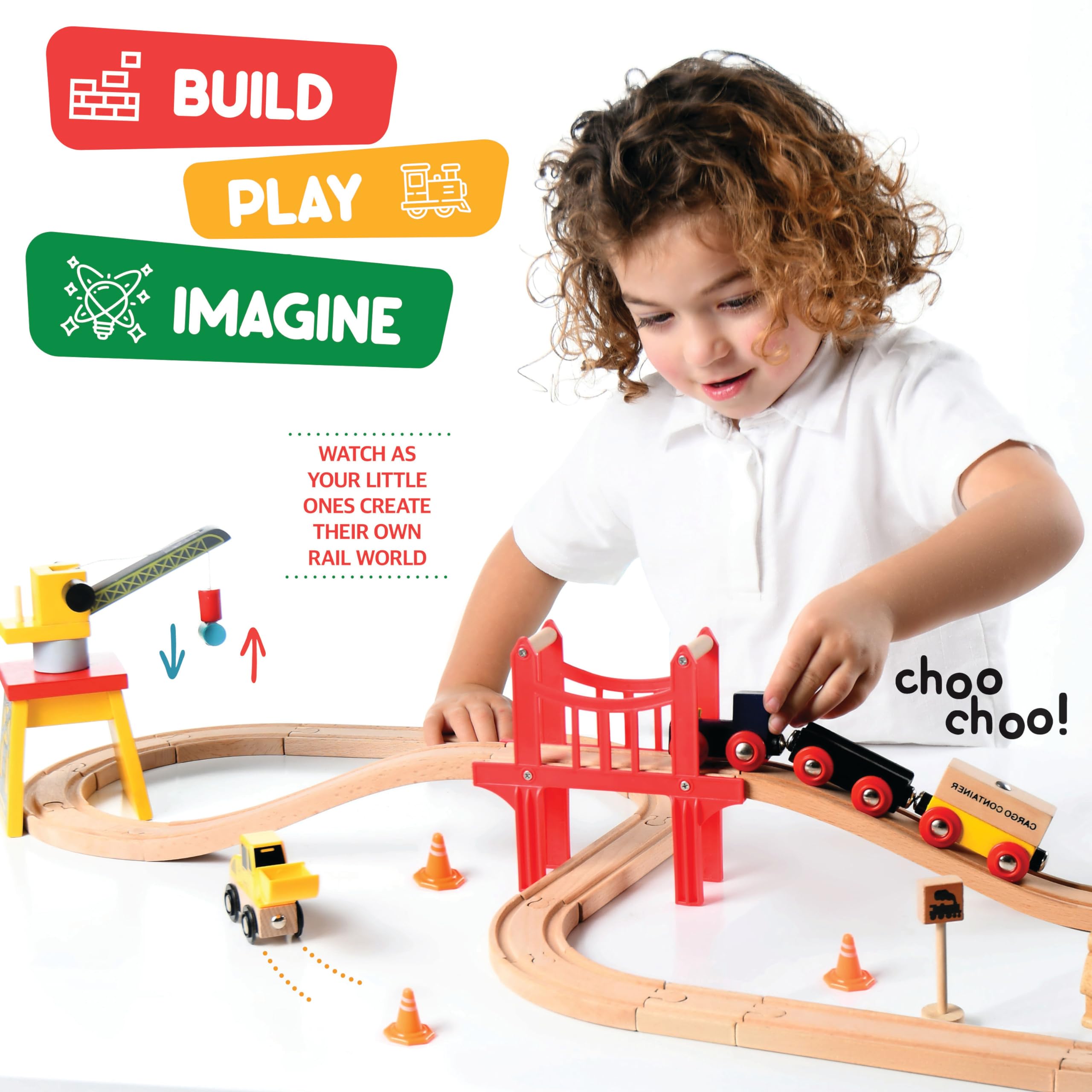 Play22 Wooden Train Set for Toddlers - 38 Piece Wooden Railway Track with Crane, Bridge & Accessories | STEM Learning Toy for Kids Ages 3-4 | Perfect for Birthday Gifts & Indoor Playtime