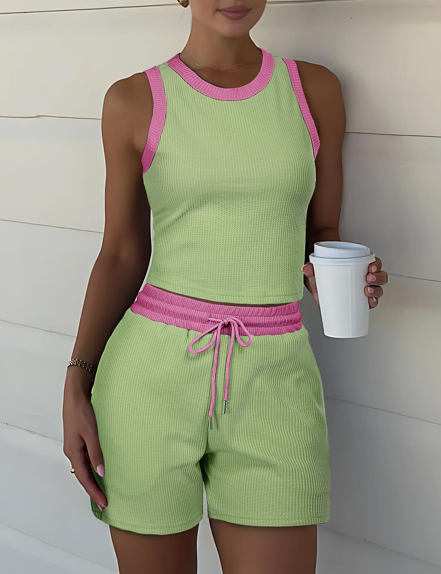 Lingswallow Women's 2-Piece Lounge Set - Sleeveless Crop Top & Waffle Shorts Comfy Pajama Set for Sleep, Yoga & Home Relaxation