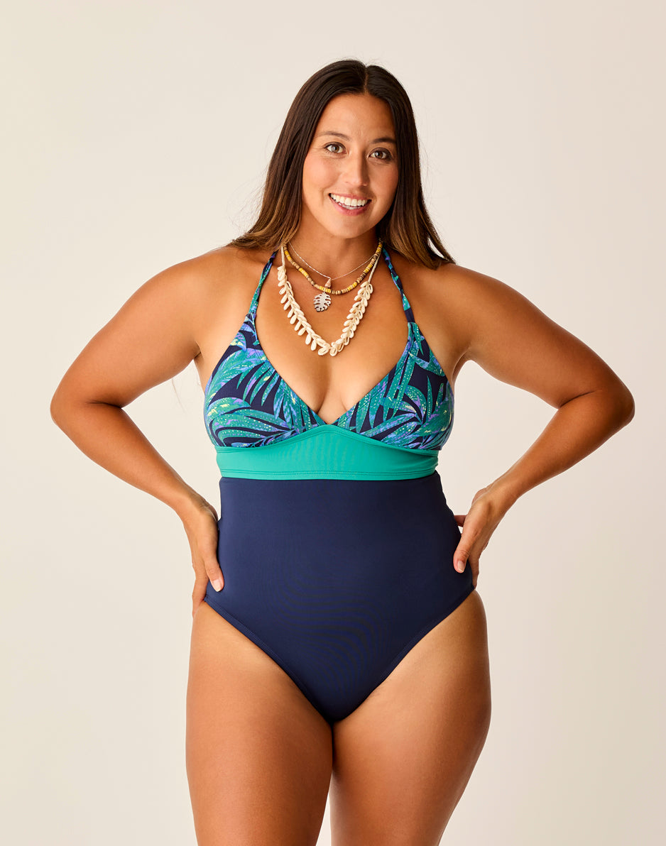 Dahlia One Piece Swimsuit - Blue Oasis with Navy Trim | Women's Floral Print Bathing Suit for Beach, Pool & Vacation