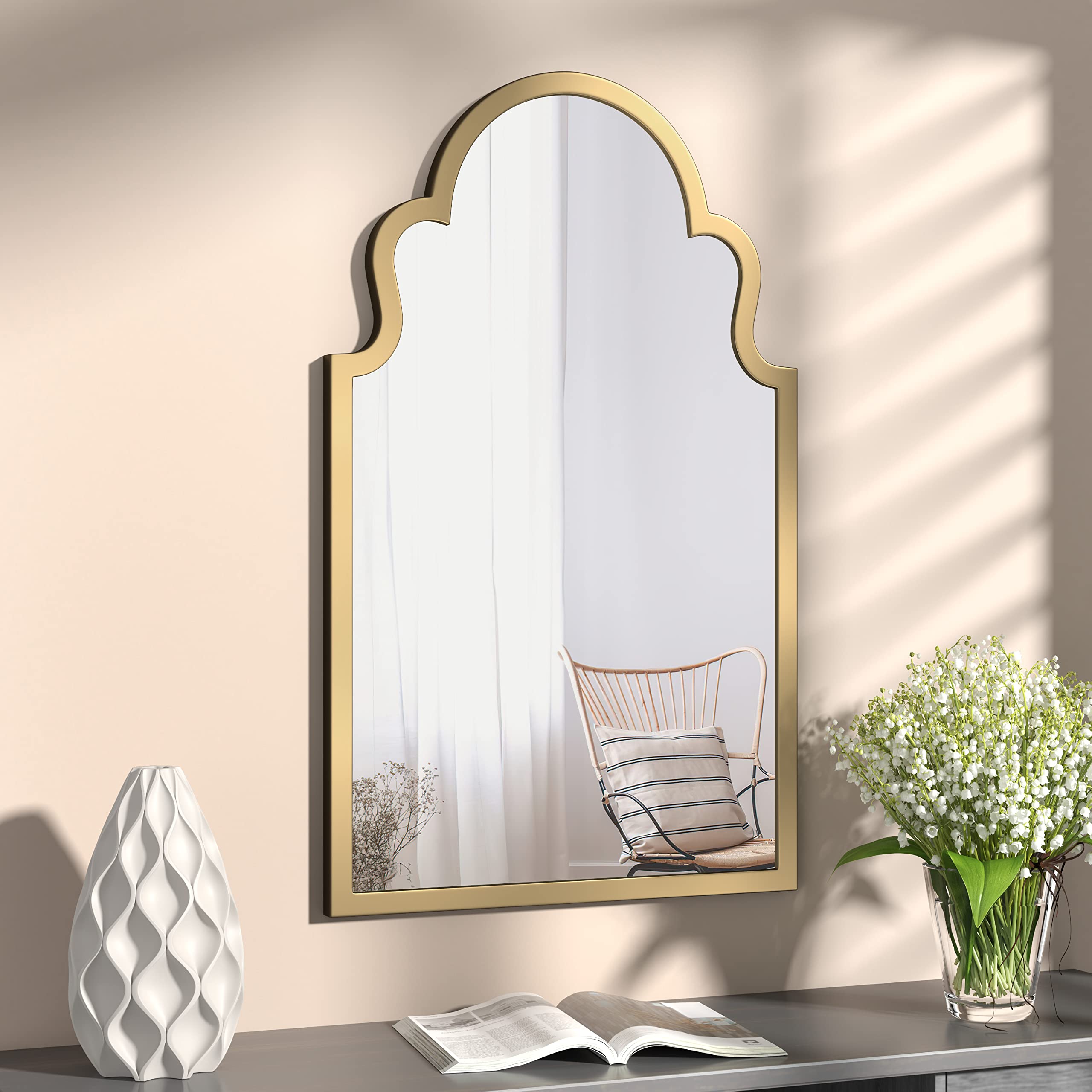 Gold Metal-Frame Wall Mirror 35.5×21.7 Inch - Decorative Vanity Mirror for Bathroom, Living Room & Bedroom | Elegant Home Decor & Space Enhancer | Perfect for Makeup, Selfies & Room Illusion