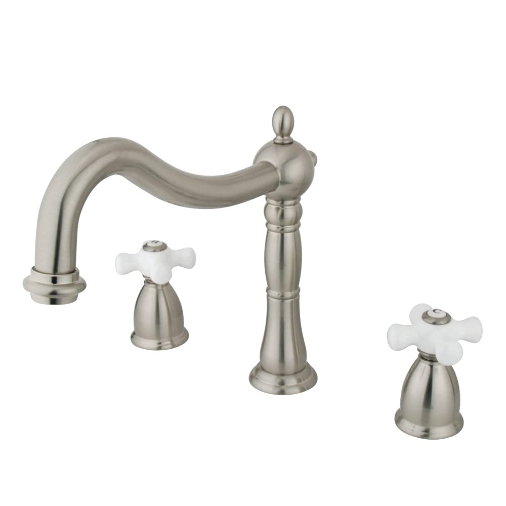 Kingston Brass KS1348PX Heritage Roman Tub Filler with Porcelain Cross Handle - Brushed Nickel Finish - Perfect for Vintage Bathroom & Luxury Bathtub Faucet Upgrade
