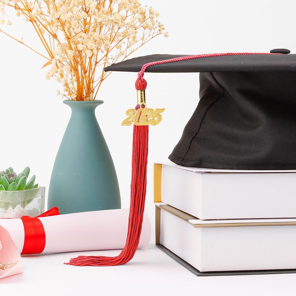 2025 Graduation Tassel with Gold Date Charm - Premium Academic Cap Tassel for High School & College Graduates - Red Graduation Hat Decoration for 2025 Ceremony, Party & Photo Shoots