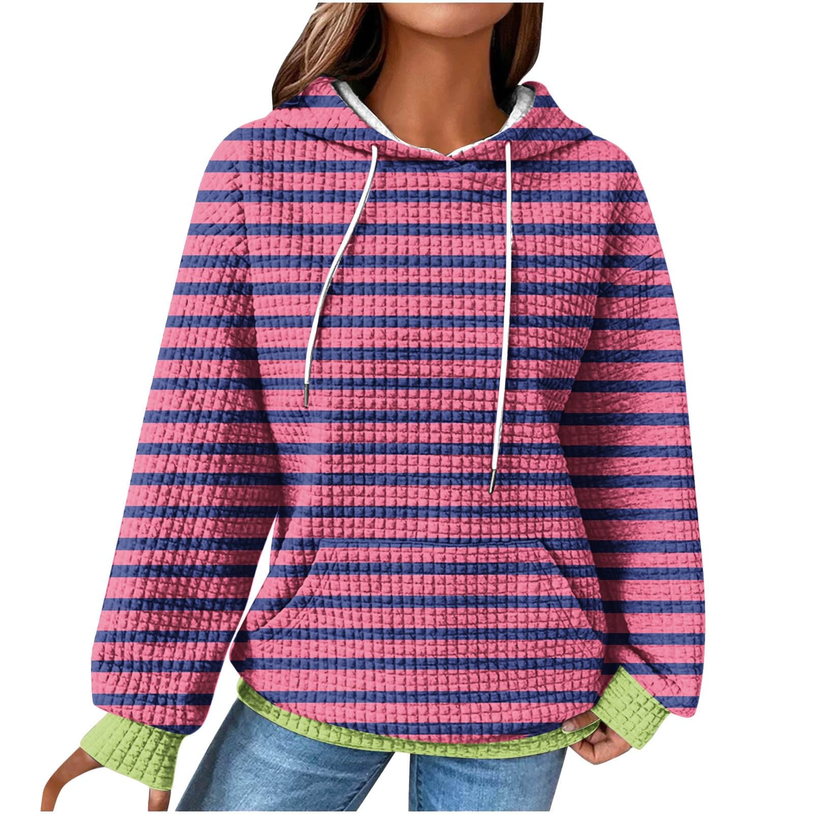 Women's Fashion Waffle Striped Hoodie - Long Sleeve Drawstring Sweatshirt, Loose Winter Fall Pullover Blouse Top for Casual Wear & Outdoor Activities