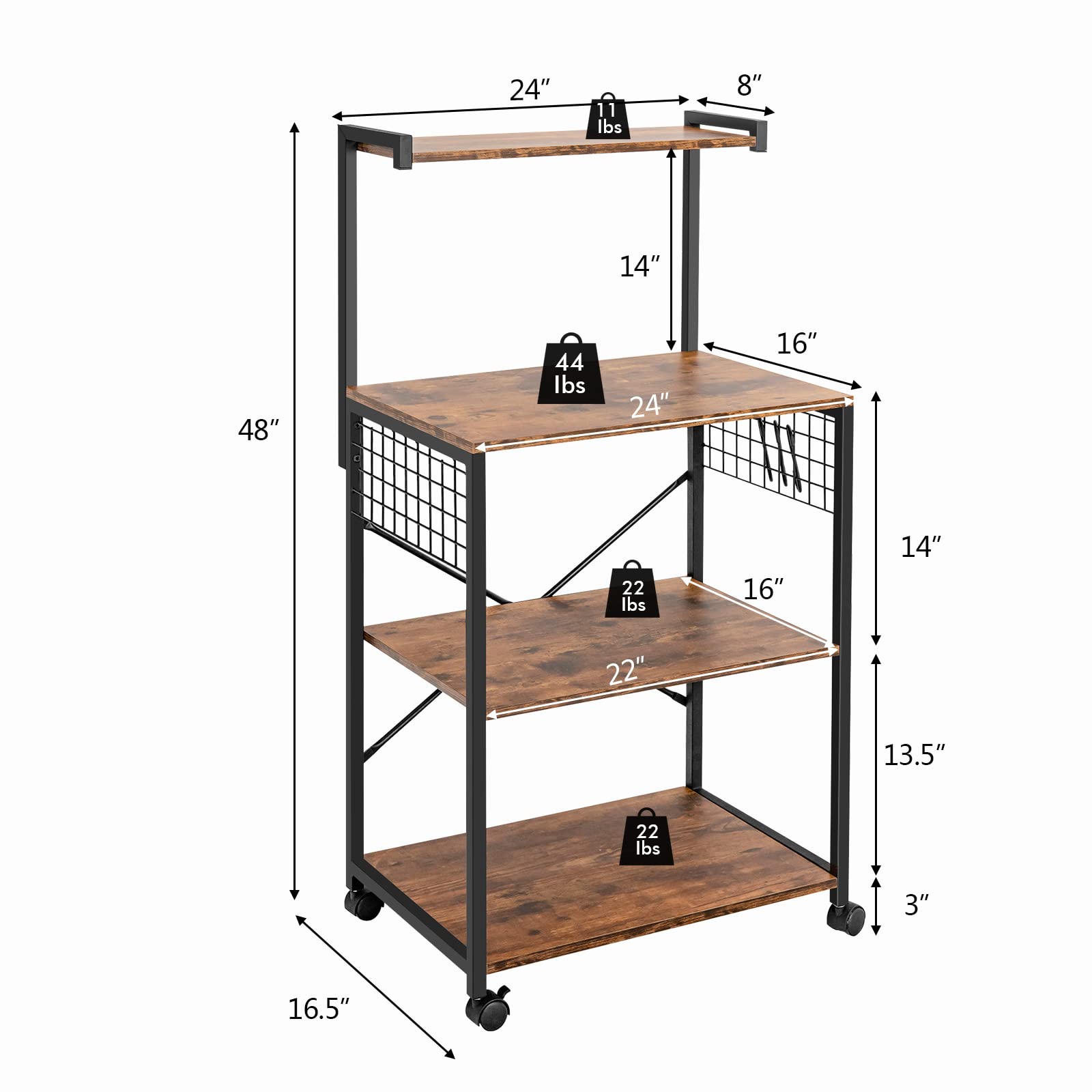 Giantex Industrial Rolling Kitchen Baker Rack with Wheels - 3 Hooks, Wood Shelves & Metal Frame - Microwave Stand, Storage Shelf for Dining Room & Pantry Organization (Rustic Brown) - Perfect for Small Kitchens, Bakeries & Home Storage Solutions