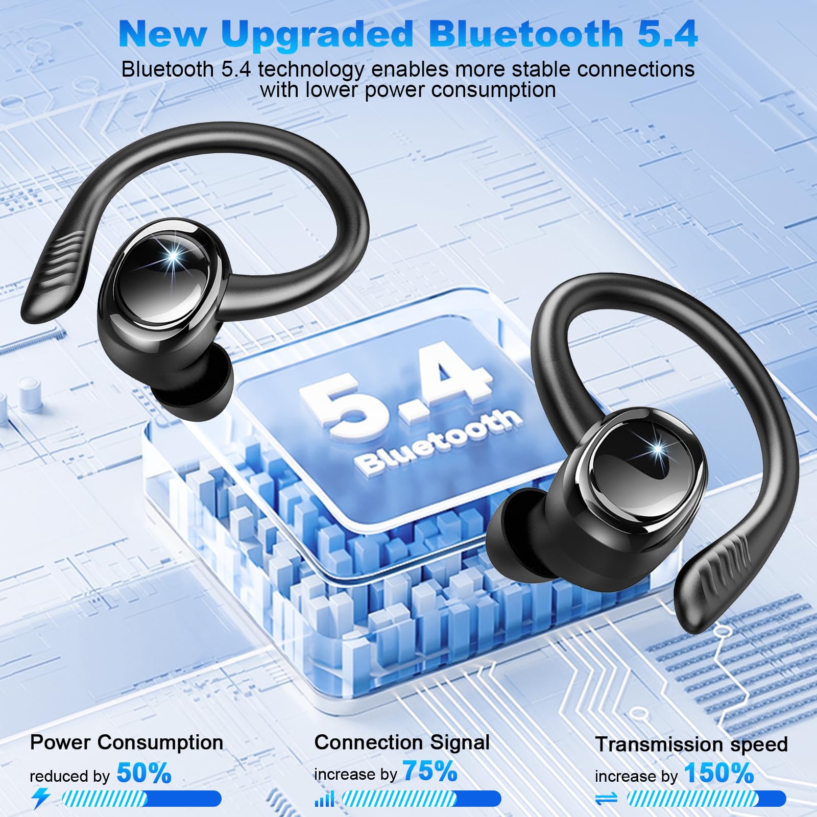 **Wireless Bluetooth 5.4 Earbuds with Earhooks, 50H Playtime & ENC Noise Canceling Mic, IP7 Waterproof Sport Headphones for Running, Gym, Workout – Perfect for Fitness, Commuting & Travel**