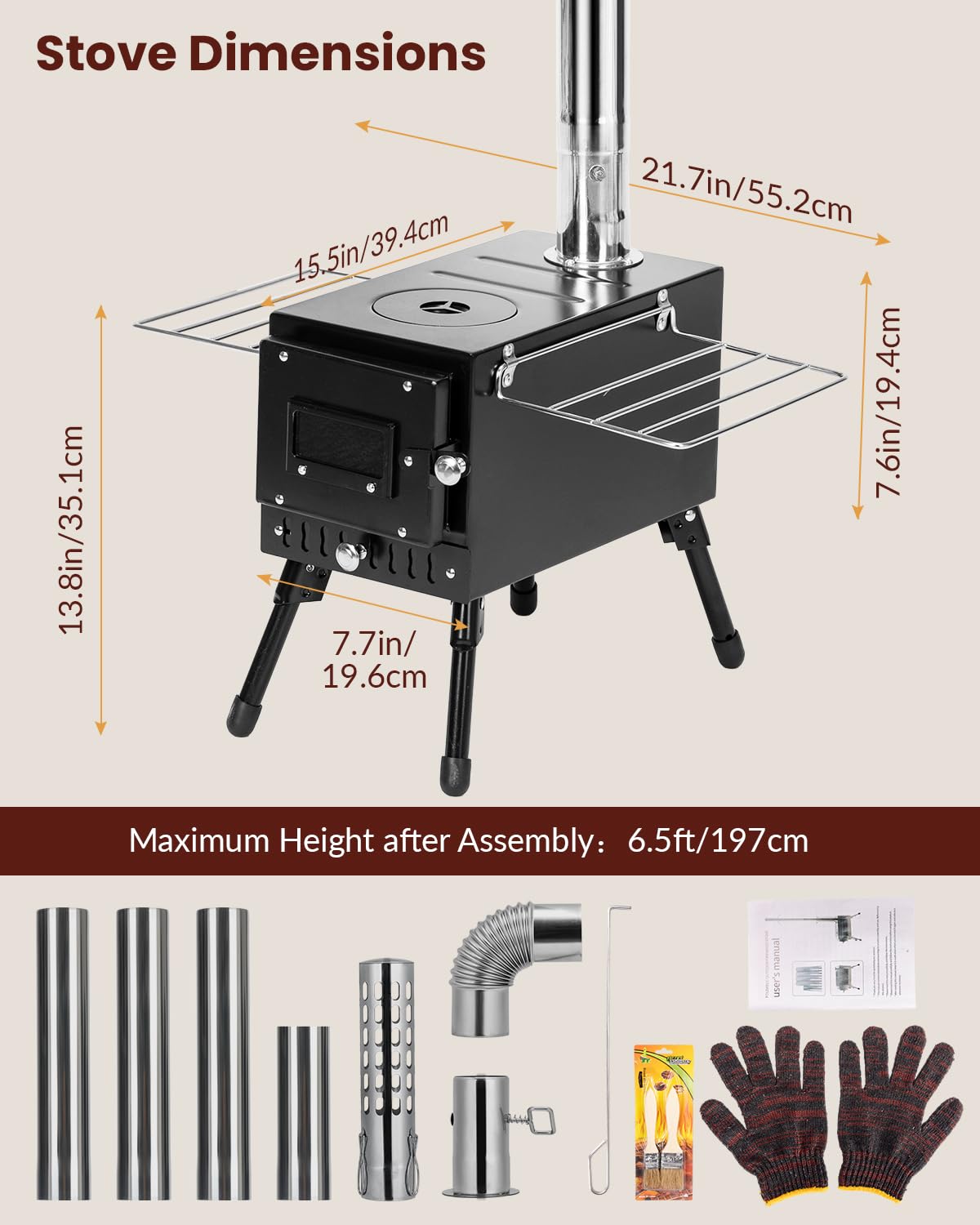 Portable Wood Burning Stove for Camping & Outdoor Cooking - YRenZ Tent Stove with Adjustable Heat Control, Stovepipe & Elbow Pipe - Perfect for Backpacking, Hunting, Ice Fishing & Emergency Heating