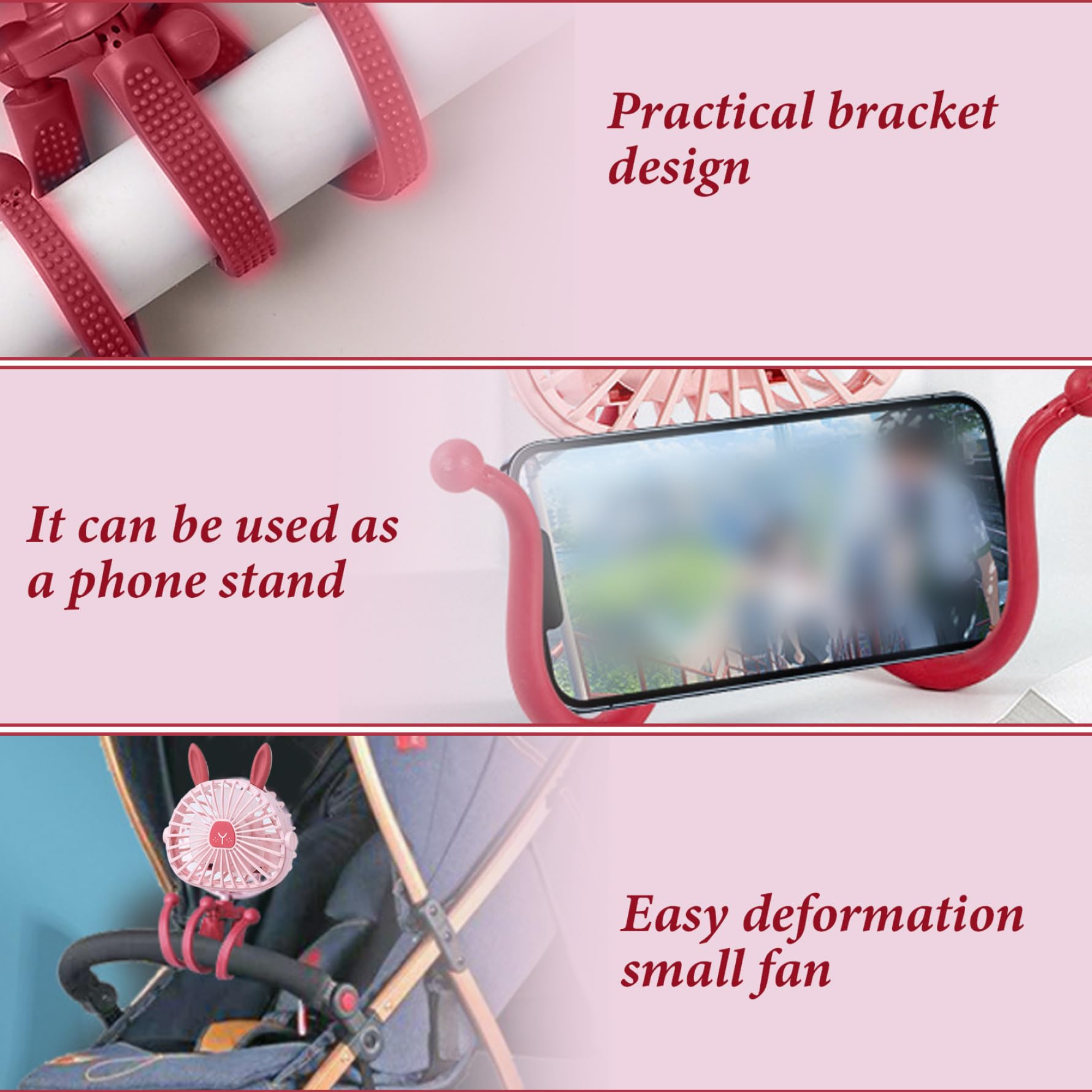 Cute Bunny Stroller Fan - 3 Speed Adjustable USB Rechargeable Baby Fan with Light, 360° Rotation & 500mAh Battery | Perfect for Strollers, Car Seats, Desks, Camping & Outdoor Activities