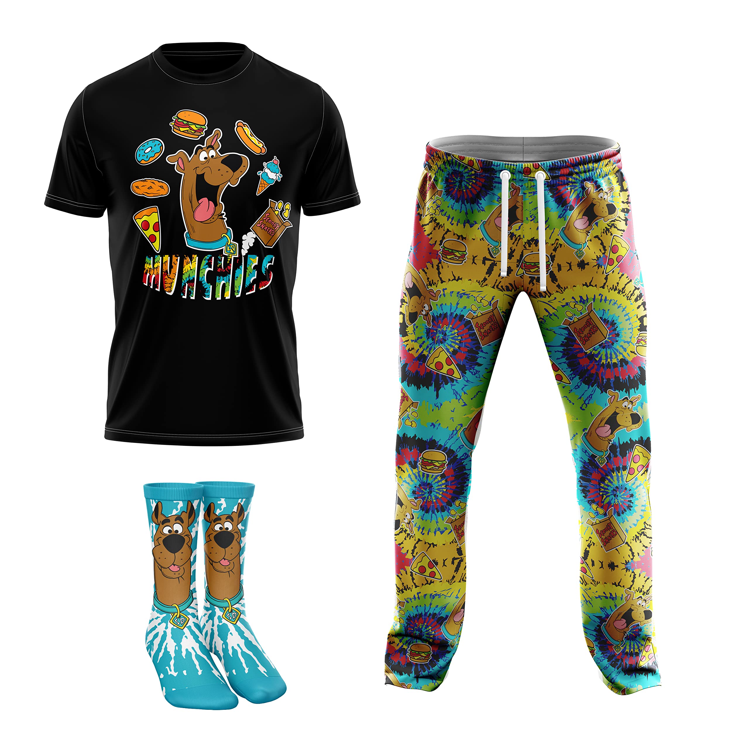 Scooby-Doo Men's 3-Piece Lounge Set - Tie Dye T-Shirt, Pants & Socks with Scooby Snacks Print (Sizes S-XL) | Cozy Pajama Outfit for Cartoon Fans, Sleepwear & Casual Home Wear