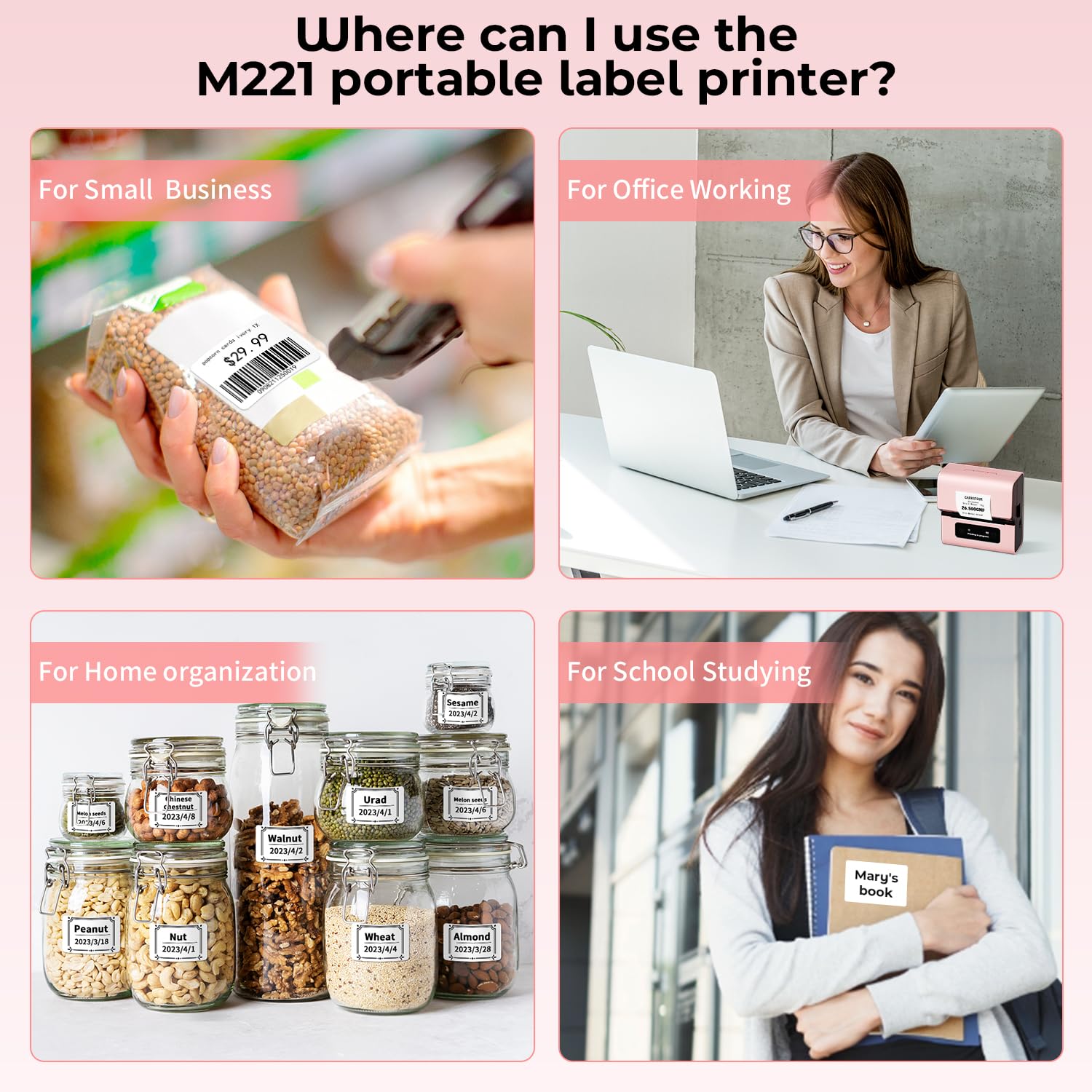 M221 Label Maker - 3 Inch Pink Bluetooth Thermal Label Printer for Small Business, Crafts, Clothing & Food Packaging | Portable, Easy to Install | Works with Phone & PC | Includes 3 Roll Paper Set | Perfect for Retail, Shipping & Organization