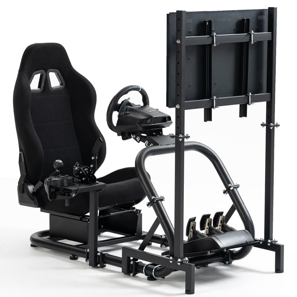 Premium Racing Simulator Cockpit with Ergonomic Seat & Adjustable Monitor Stand - Compatible with Logitech G27/G923/G920, Fanatec & Thrustmaster Wheels - 50mm Heavy-Duty Round Tube Frame (Steering Wheel/Pedals/TV Not Included) - Perfect for Home Gaming, Esports Training & Professional Simulation