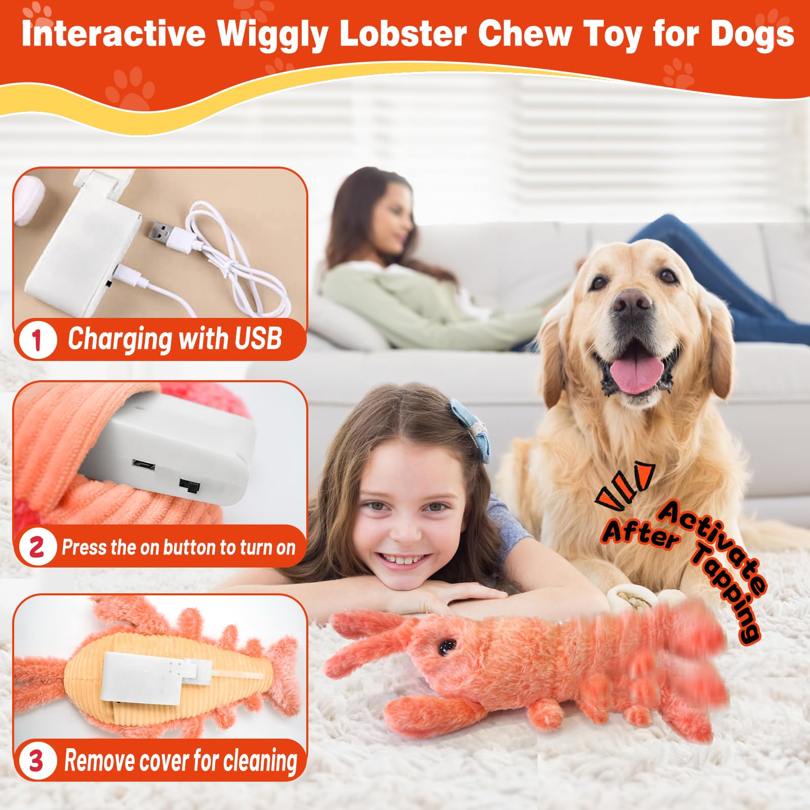 Floppy Lobster Interactive Dog Toy - Motion Activated Self-Moving Pet Toy for Boredom Relief, Chew-Resistant Washable Stuffed Animal for Dogs & Cats (Orange) - Perfect for Indoor Play, Training, and Anxiety Relief