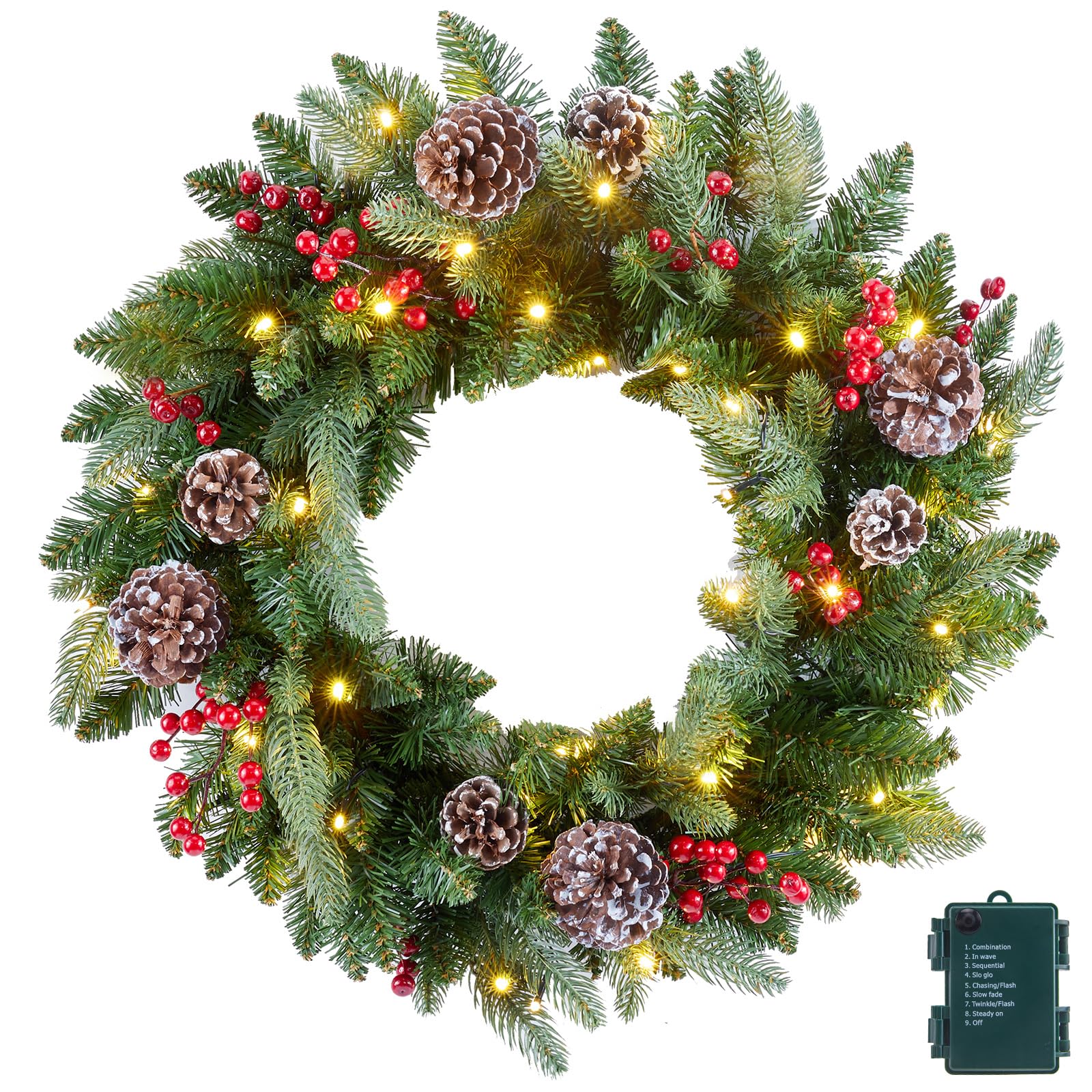 24 Inch Pre-Lit Artificial Christmas Wreath with 50 LED Lights - Realistic Needle Branches, Red Berries & Pine Cones - Indoor/Outdoor Holiday Decor for Front Door, Window, Mantel - Perfect for Christmas, Winter, and Holiday Home Decoration