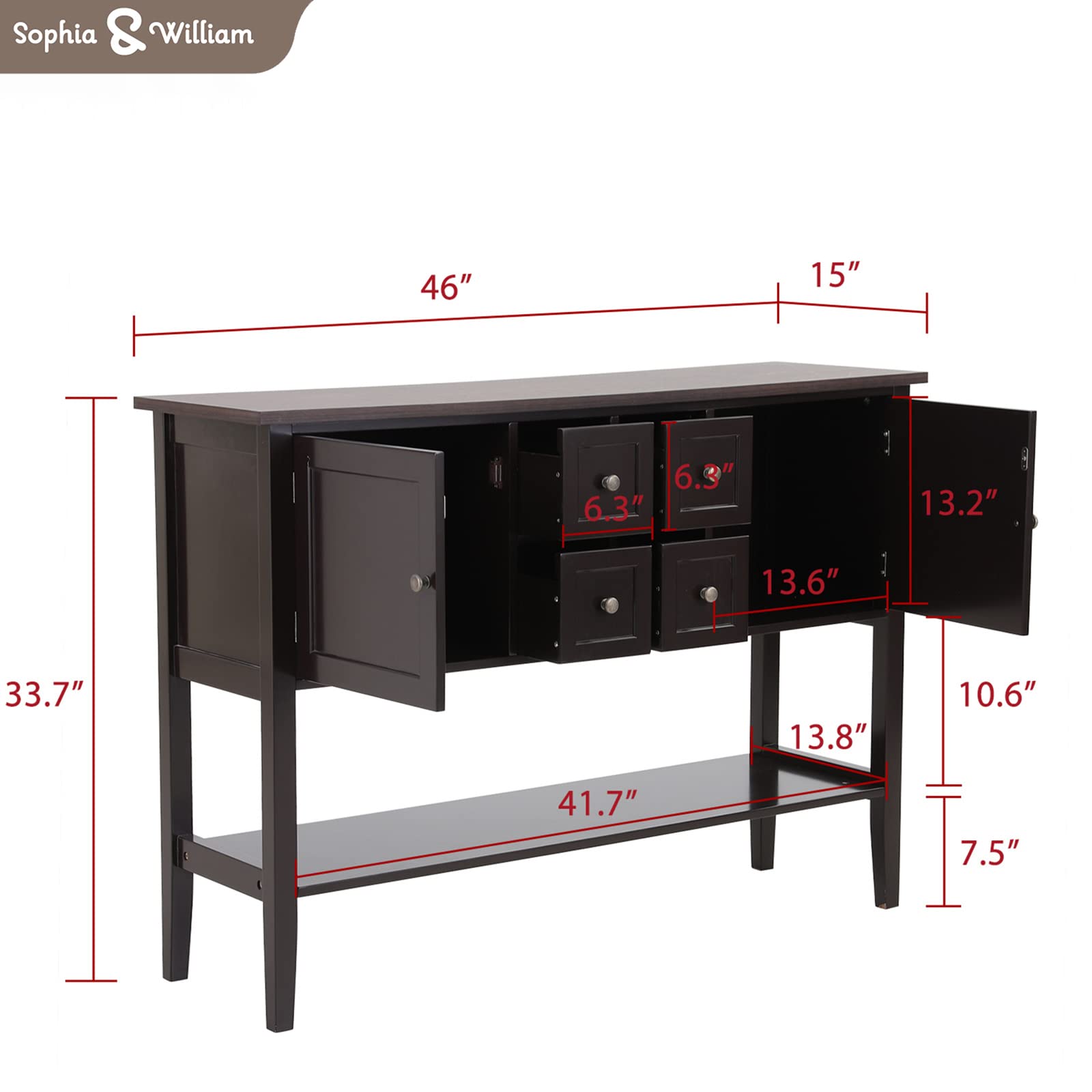 Sophia & William Sideboard Buffet Cabinet with Storage - 2 Doors, 4 Drawers & Open Shelf - Wood Accent Console Table for Entryway, Living Room, Dining Room - Perfect for Home Organization & Coffee Bar Setup