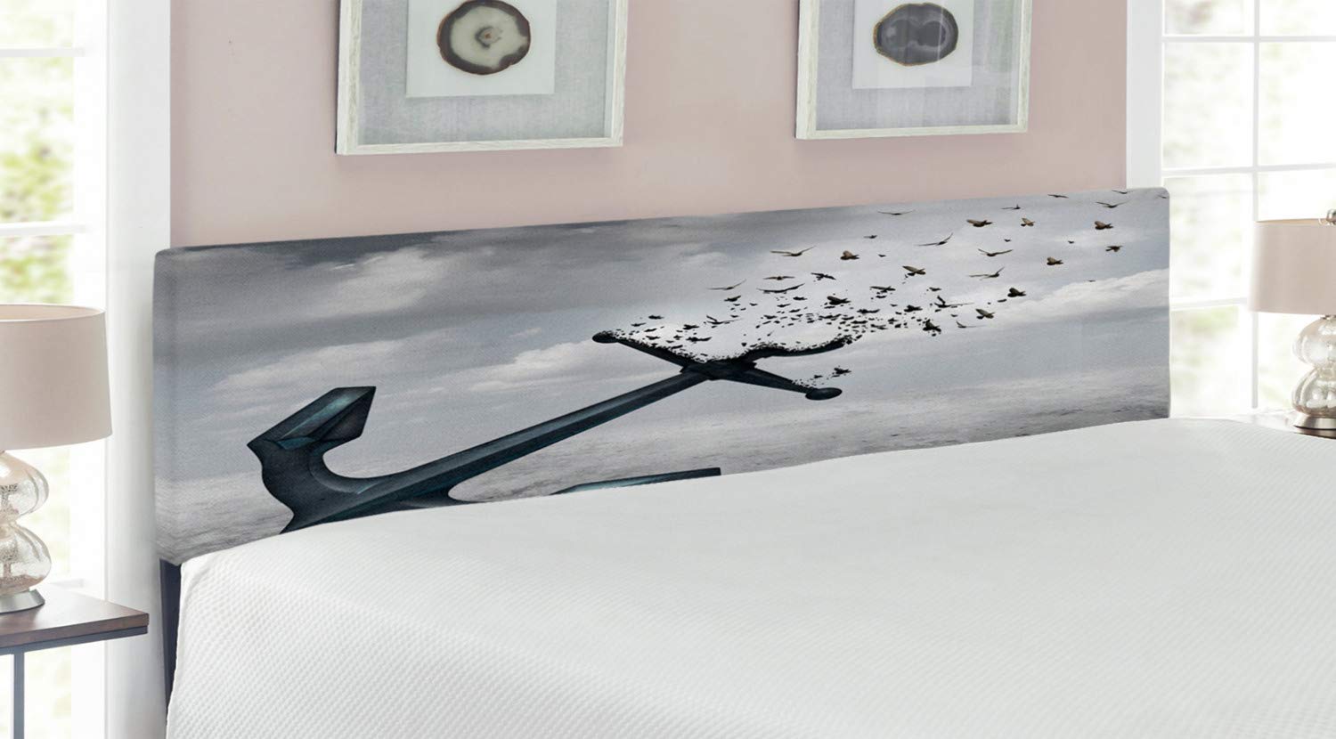 Ambesonne Birds Headboard - Upholstered Decorative Metal Bed Headboard with Memory Foam, King Size Grey | Anchor Transforming into Flying Seagulls Graphic Art | Perfect for Coastal, Nautical or Bohemian Bedroom Decor