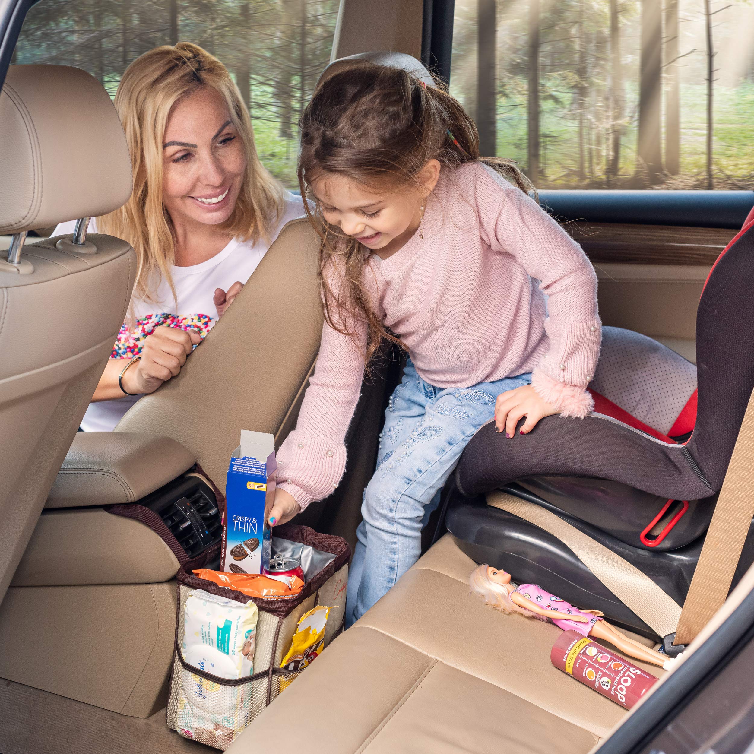 Creathing Heavy-Duty Car Trash Can with Leakproof Liner - 2 Gallon Auto Garbage Bin for Cars, Trucks & SUVs | Hangs on Console, Floor or Seat | Perfect for Road Trips, Commuting & Family Travel (Beige)