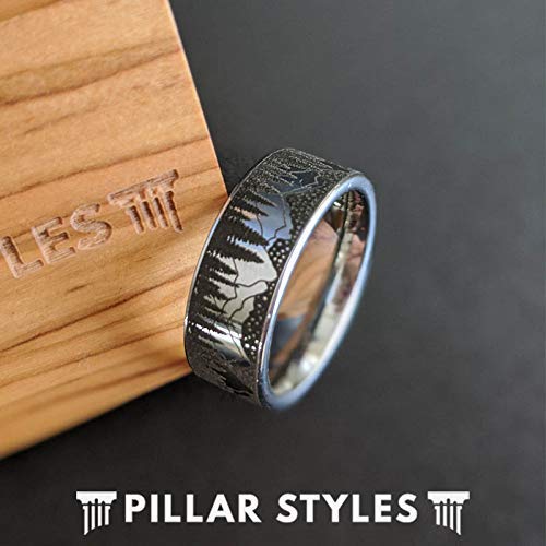 Tungsten Rings for Men - 8mm Mountain Landscape Nature Wedding Band with Wolf & Forest Design - Silver Starry Night Mens Ring - Durable Anniversary Gift for Outdoorsman, Hiker & Nature Lover - Perfect for Camping, Hiking & Outdoor Adventures