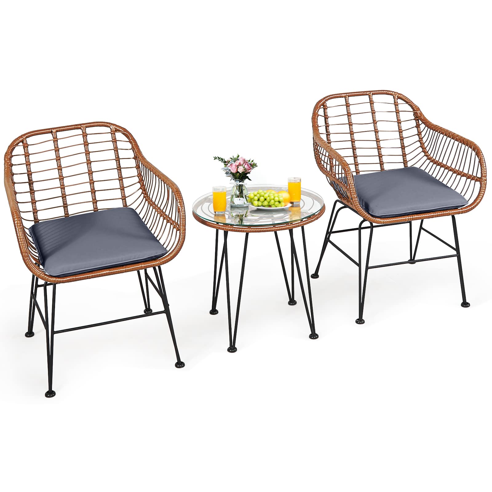 Tangkula 3-Piece Patio Conversation Bistro Set - Outdoor Wicker Furniture with Round Tempered Glass Table & 2 Rattan Armchairs, Includes Cushions - Perfect for Porch, Backyard, Garden, Poolside & Outdoor Dining