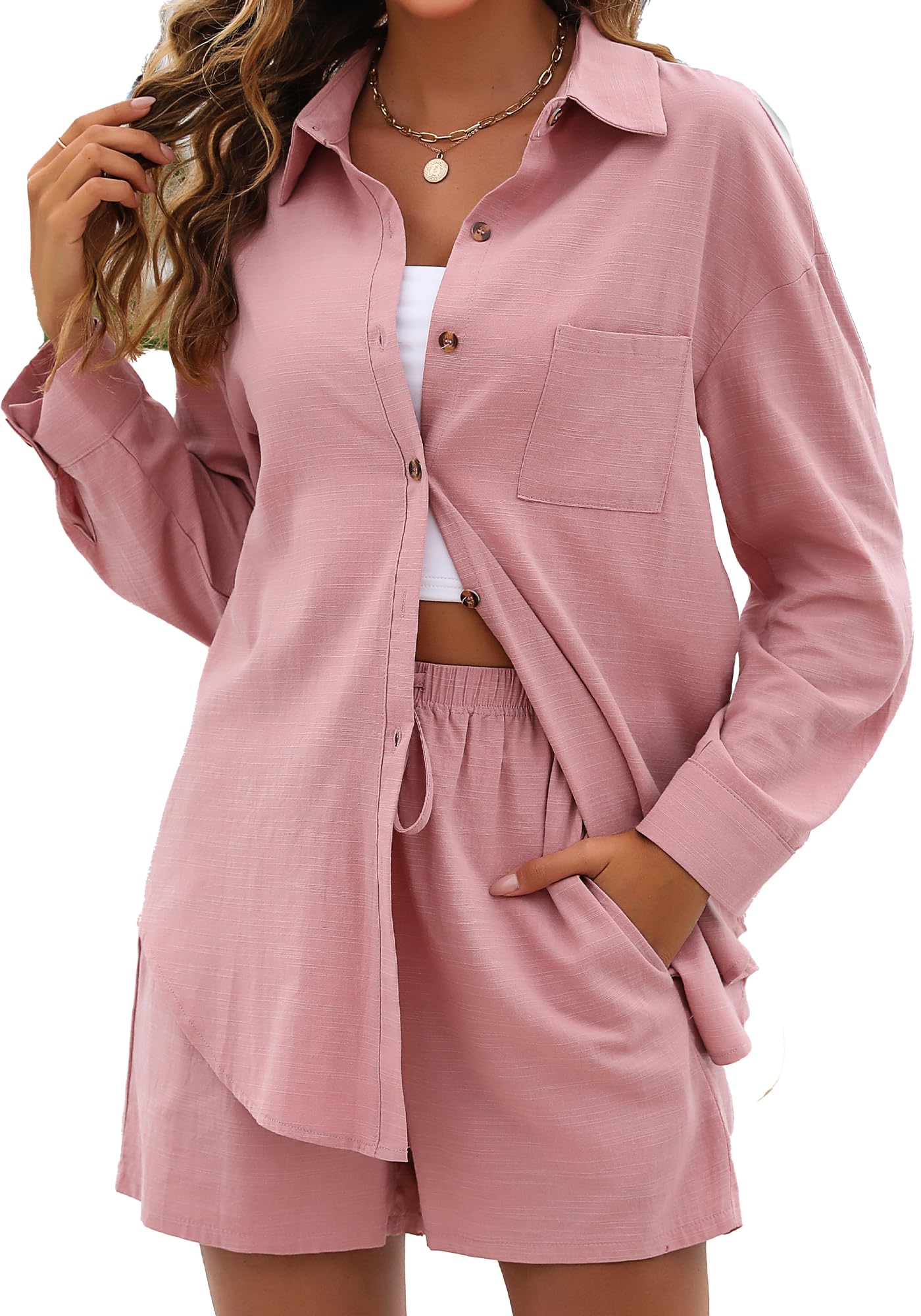 Namifin Women's Linen Two-Piece Set - Casual Button Down Shirt & High Waisted Shorts Lounge Outfit | Summer Beachwear, Vacation Essentials & Relaxing at Home