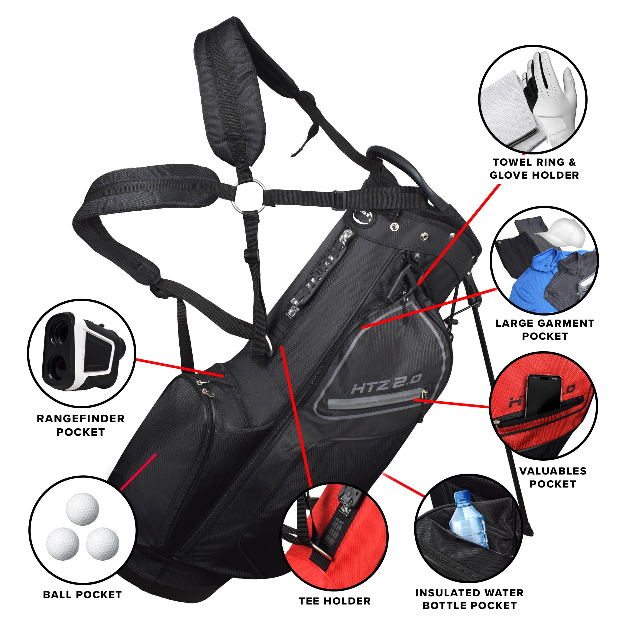 Hot-Z Golf 2.0 Deluxe Ultra Lite Stand Bag - Lightweight Golf Bag with 5-Way Divider, Dual Straps & Multiple Pockets (Black/Gray) - Perfect for Walking Golfers & Course Play