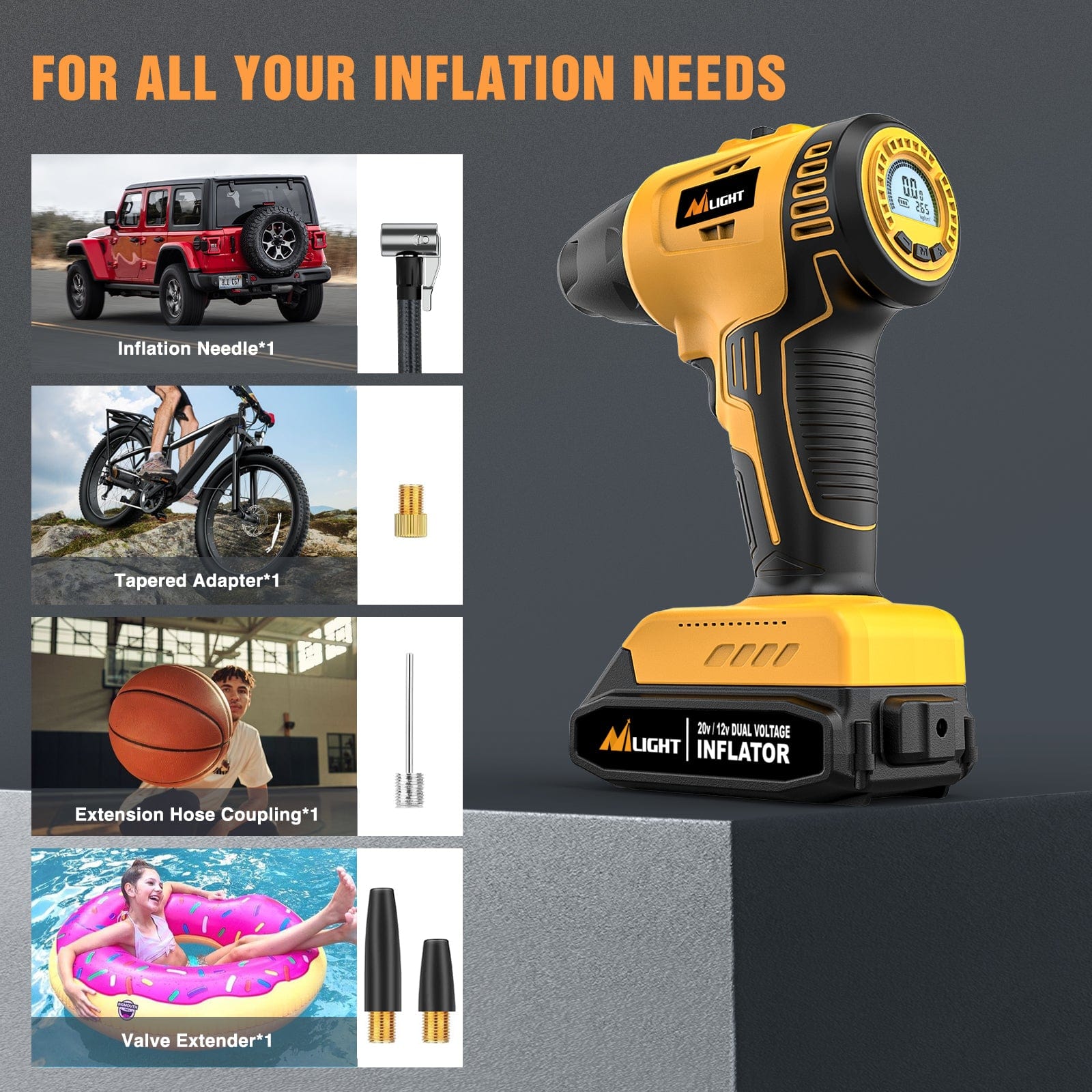 20V Cordless Tire Inflator with Digital Gauge - Rechargeable Air Compressor up to 150PSI - Includes 12V Car Adapter - Perfect for Cars, Bikes, SUVs & Outdoor Adventures